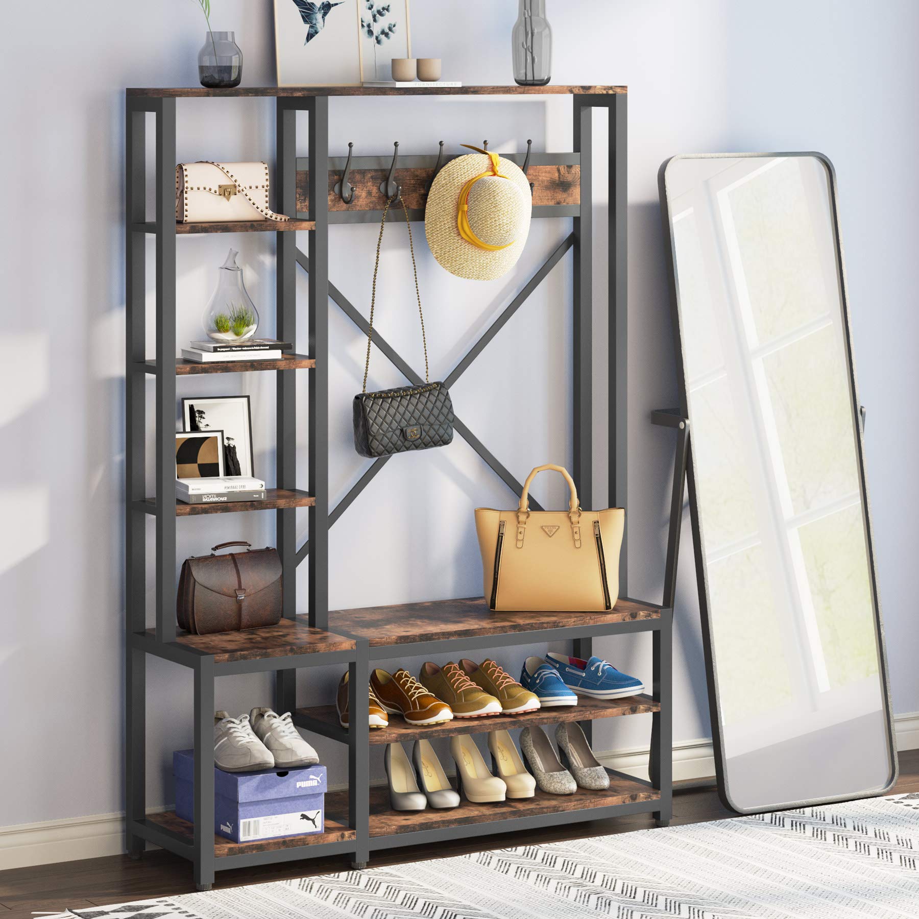 Tribesigns 4-in-1 Industrial Entryway Hall Tree with Coat Rack, Shoe Bench & Storage Shelves - Rustic Brown Wooden Entryway Organizer for Bedroom, Living Room & Mudroom - Easy Assembly Home Furniture for Small Spaces