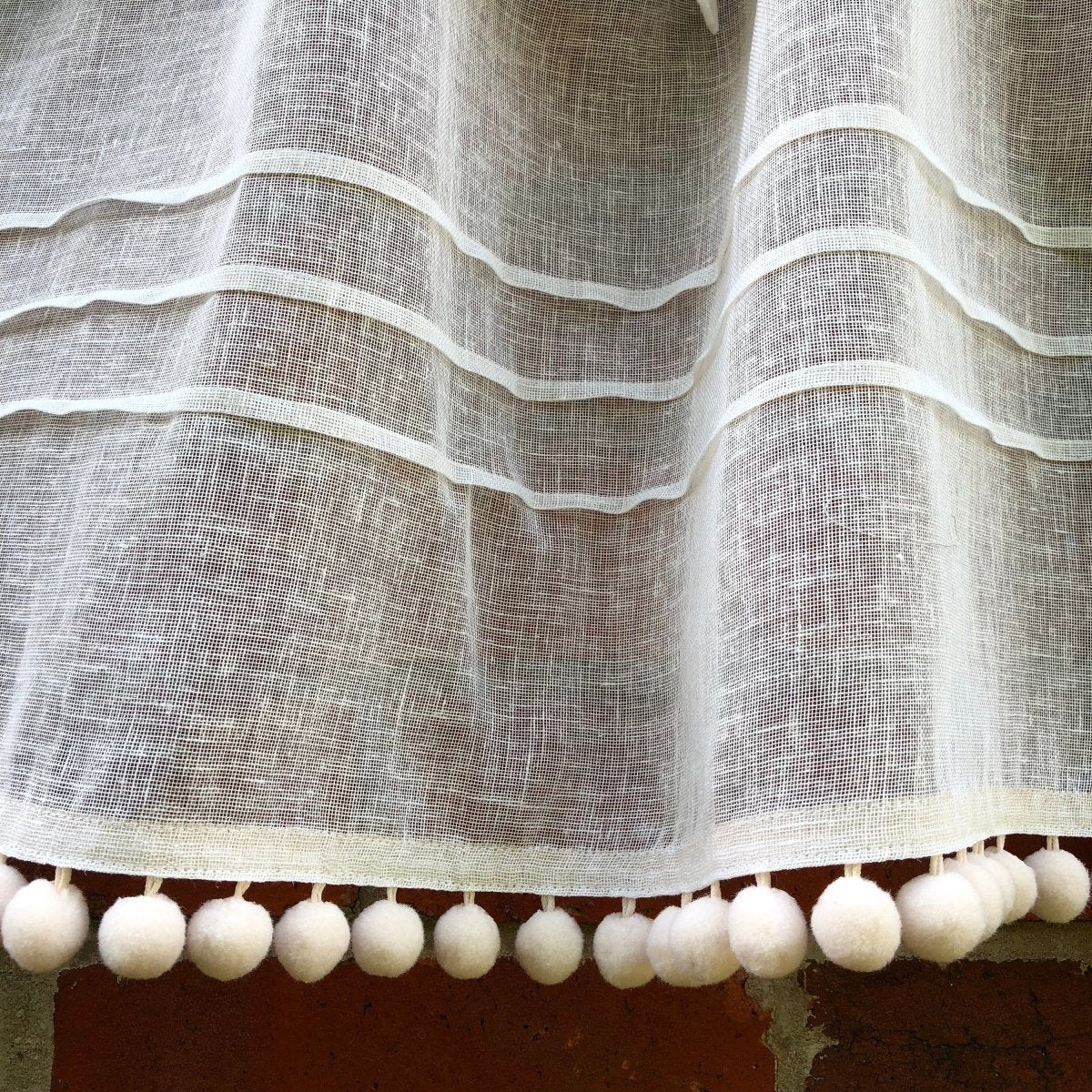 Penketh Sheer Cream Ivory Lace Kitchen Curtain with Pompoms - Elegant Window Treatment for Farmhouse, Cottage & Vintage Style Kitchens