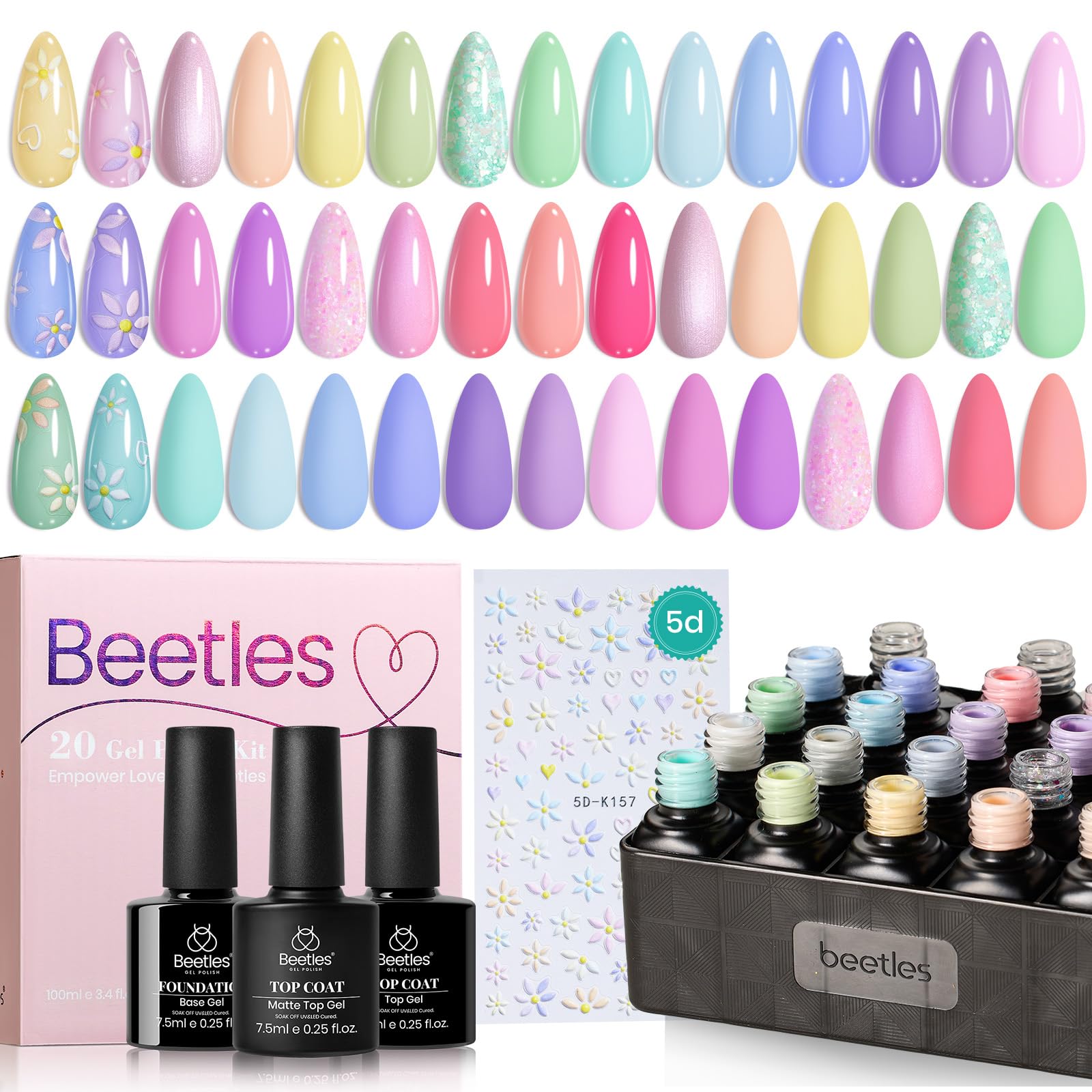 Beetles Pastel Gel Nail Polish Set - 20 Macaron Colors (Pink, Green) with Base Coat, Glossy & Matte Top Coat - Soak Off UV Nail Art Kit for Women - Perfect for Spring Manicures, DIY Nail Art & Gift Giving