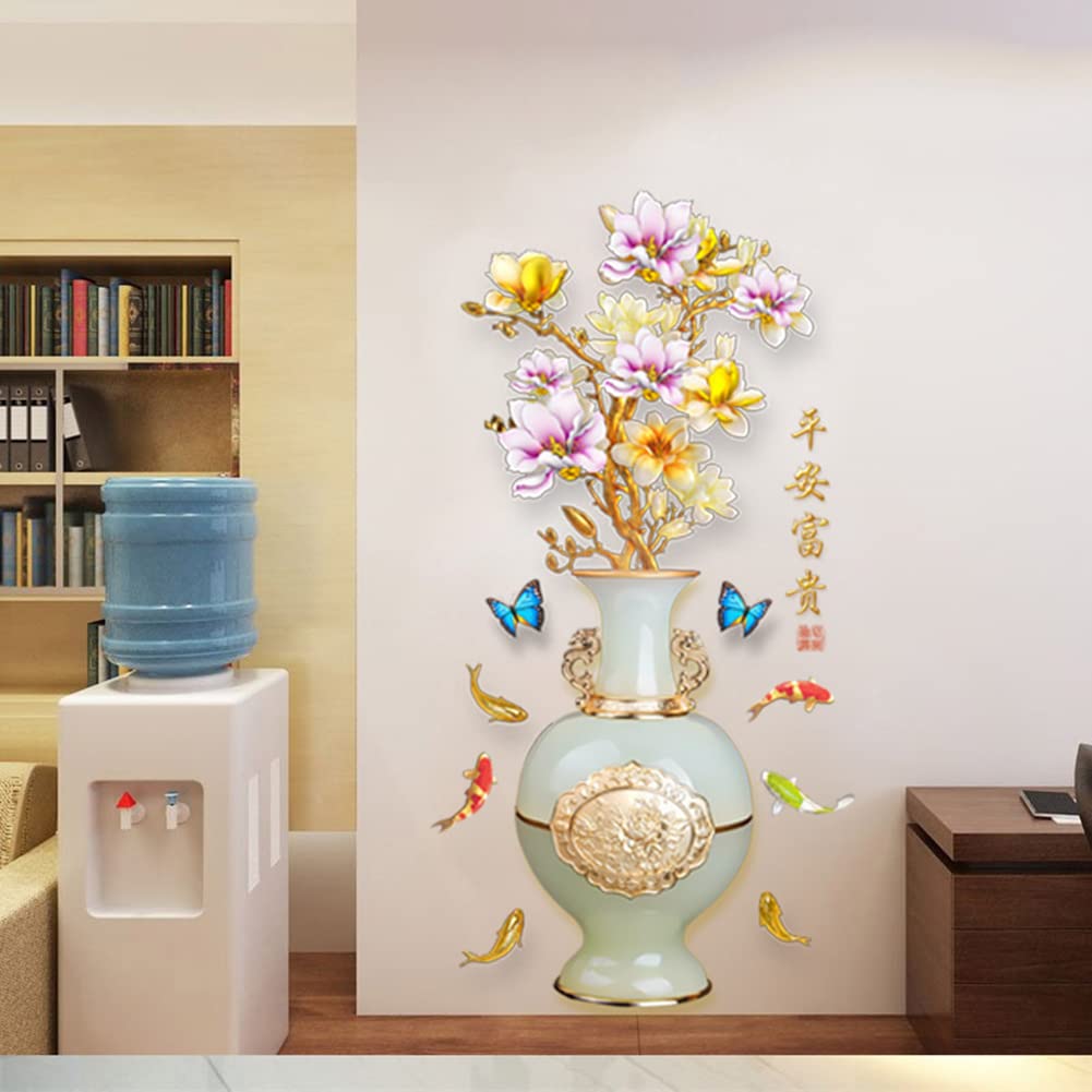 3D Vase Wall Stickers - Embossed Flower PVC Self-Adhesive Waterproof Wall Decals, Removable Wallpaper for Bedroom Decor, Aesthetic Wall Art for Living Room, Kitchen & Home Background Design
