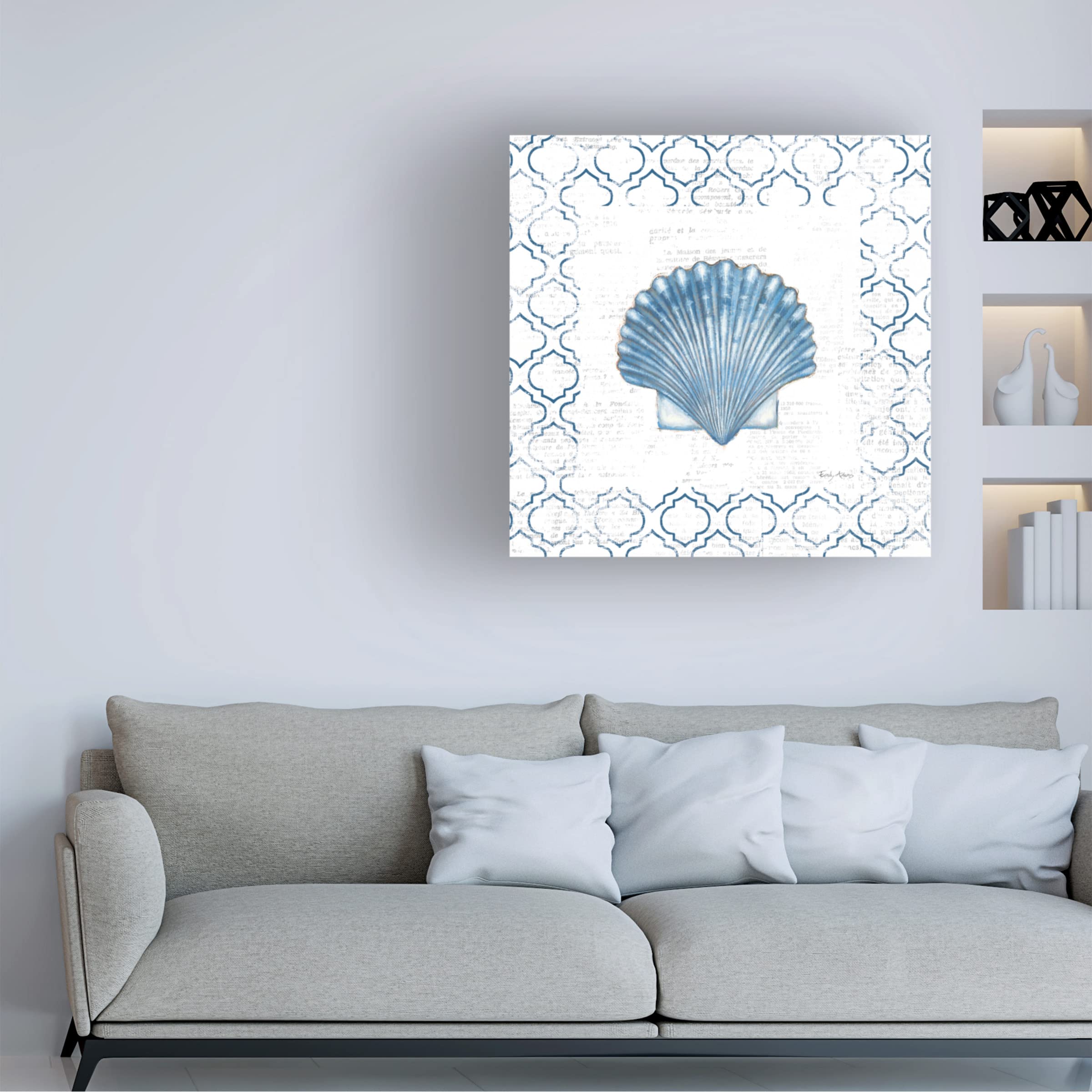 Emily Adams Navy Scallop Shell on Newsprint Canvas Art Print - Coastal Beach House Wall Decor for Living Room, Bedroom & Office