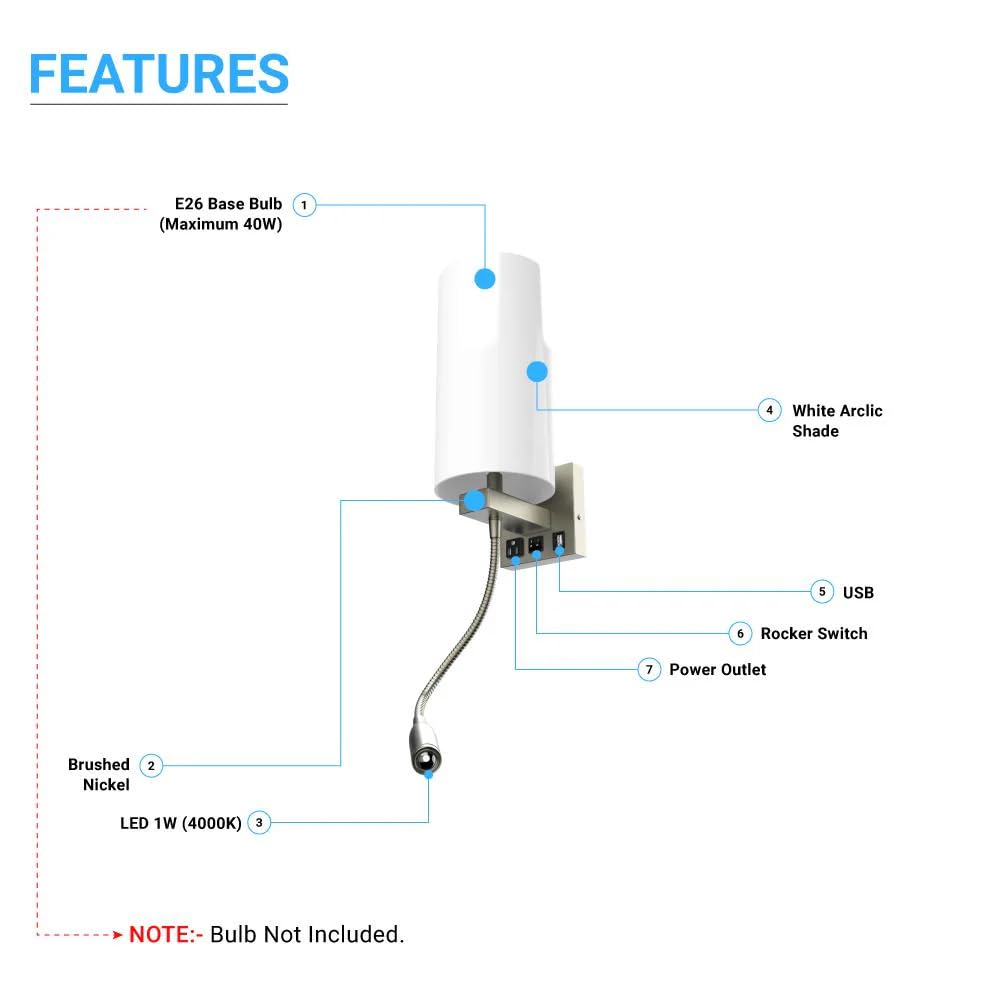 LEDMyplace Modern Swing Arm Wall Sconce Light - 120V LED Reading Light with USB Port & Outlet, Brushed Nickel Finish & White Acrylic Shade - Perfect for Bedroom, Living Room, Study & Office (Pack of 2)