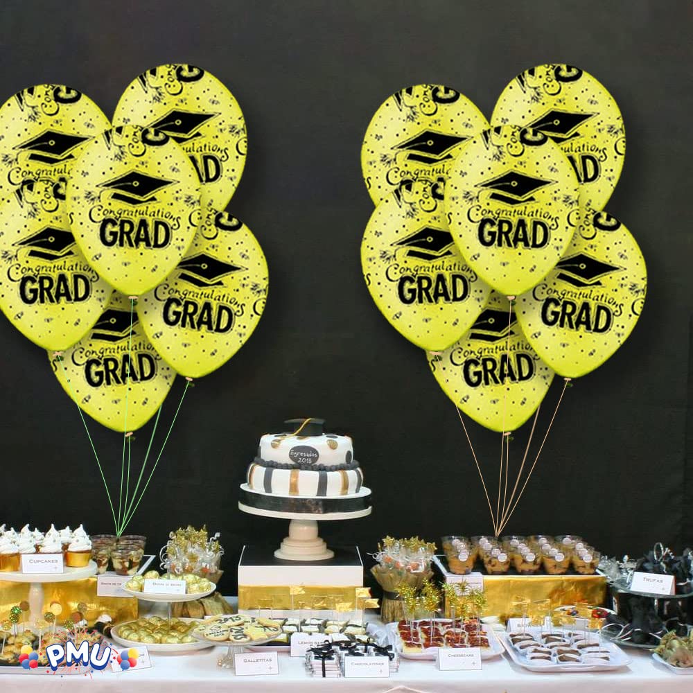PMU Premium Crystal Yellow Graduation Balloons with All-Over Print Black Graduation Caps, Confetti & Streamers - 50 Pack Latex Balloons for Graduation Parties, Decorations & Celebrations | Perfect for Graduation Ceremonies, School Events & Party Decor