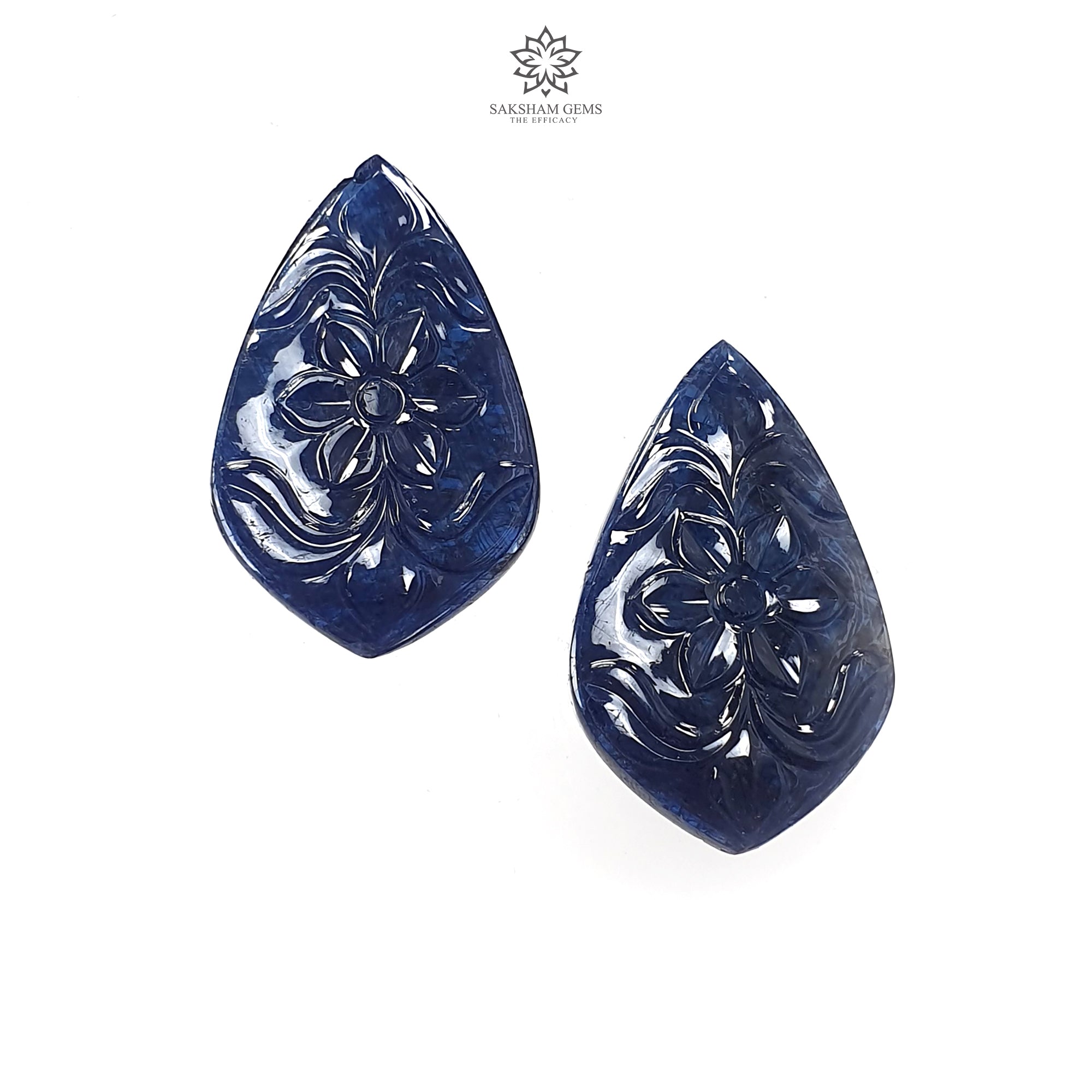Natural Untreated Dark Blue Sapphire Gemstone Carving - 61.60cts Unheated Hand-Carved Fancy Shape (31x19mm) Pair | Perfect for Jewelry Making, Luxury Gifts & Gemstone Collections