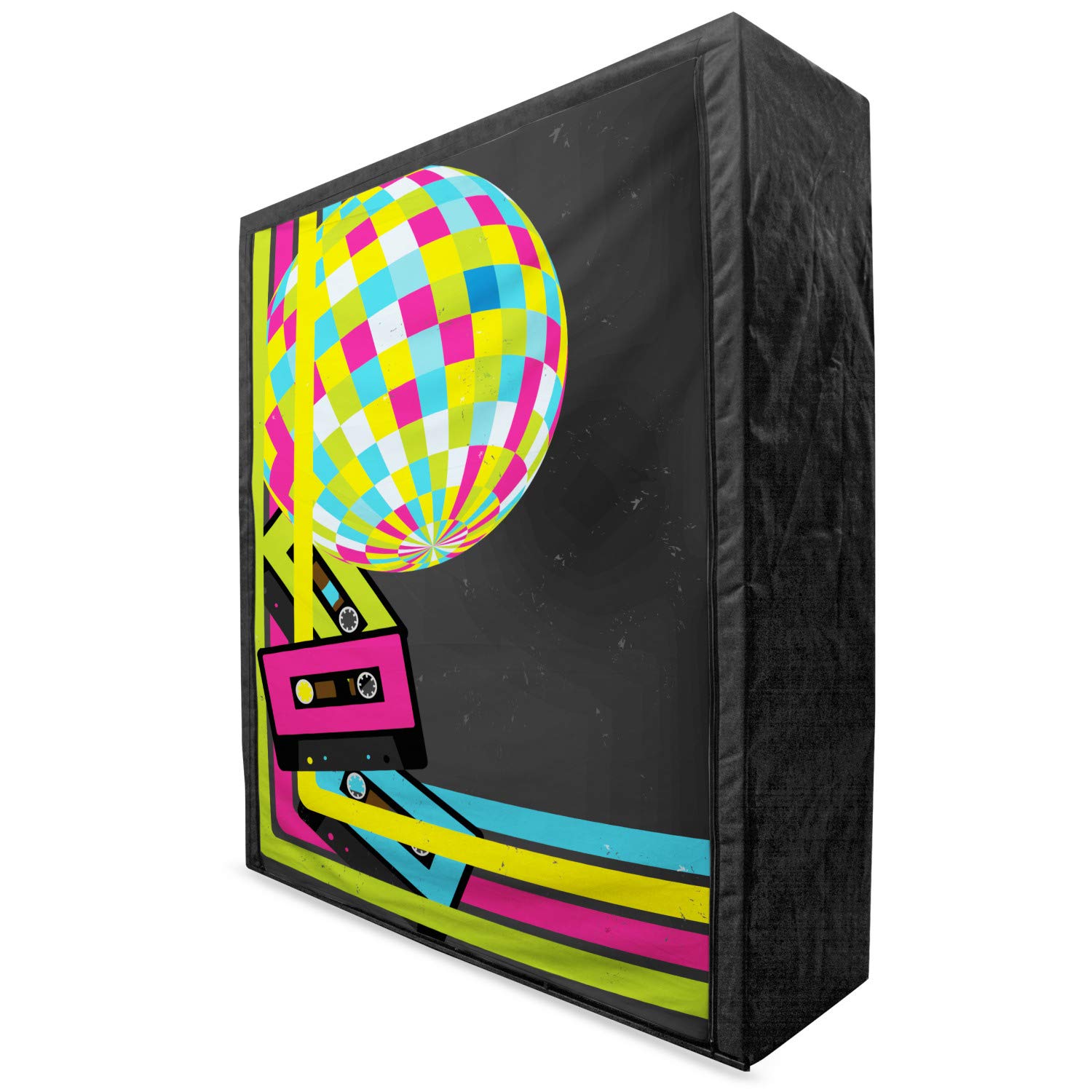 Ambesonne Popstar Party Portable Fabric Wardrobe - Retro 80s Disco Ball & Cassette Tape Design, Colorful Stripes Clothing Organizer with Shelves, 59 Inch Multicolor Storage Closet for Bedroom, Closet & Party Decor