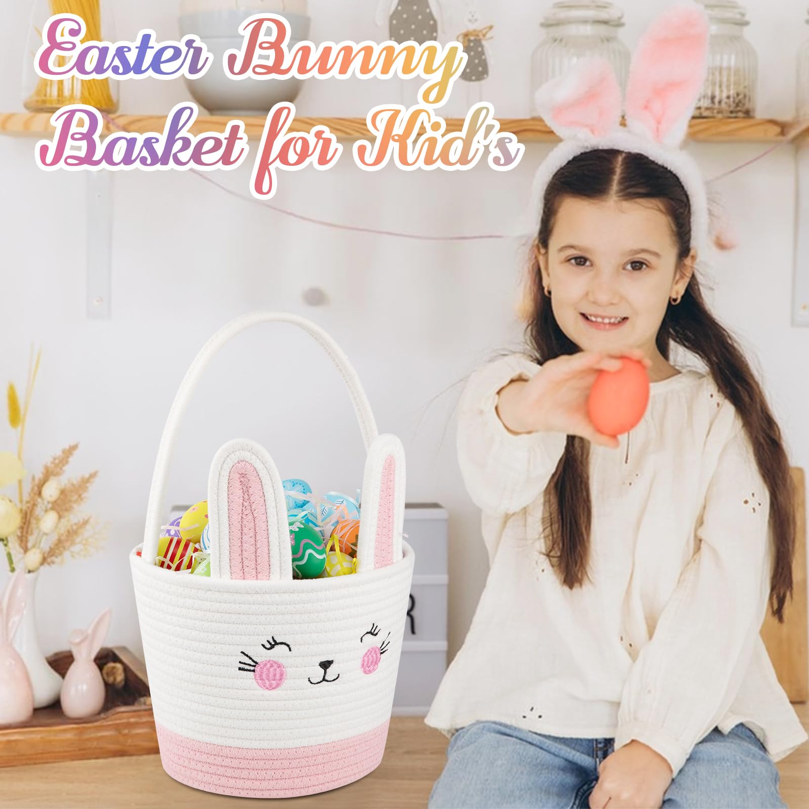 Personalized Easter Basket for Toddlers - Woven Baby Easter Gift Basket with Handle - Empty Bunny Egg Basket for Girls, Boys & Kids - Pink & White - Perfect for Easter Egg Hunts, Party Favors & Spring Decorations