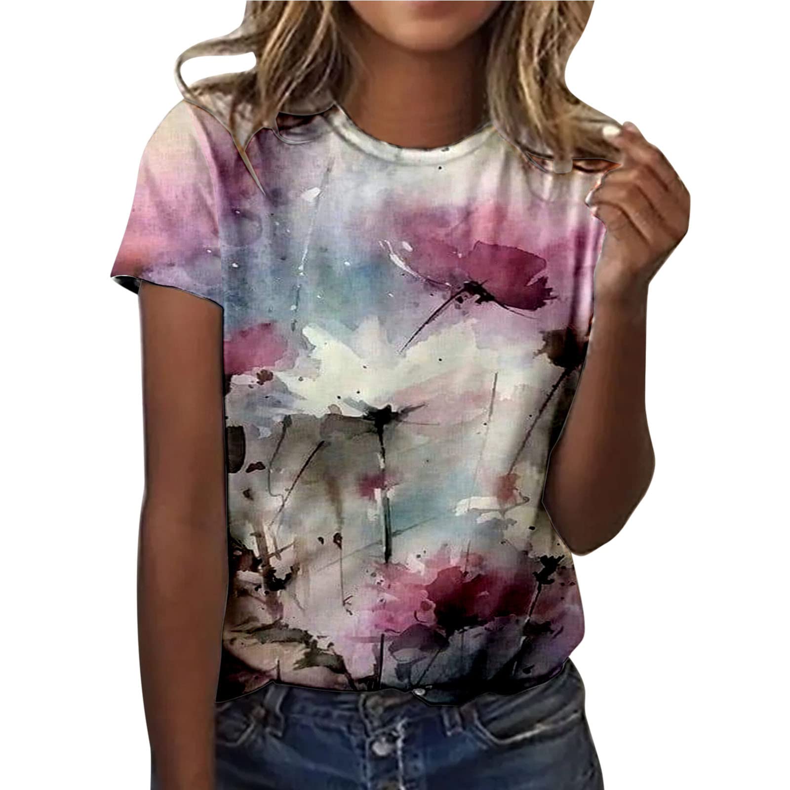 Women's Floral Printed Casual Tunic Top - Round Neck Short Sleeve Blouse in Navy Blue | Perfect for Summer Outfits, Beach Wear & Everyday Comfort