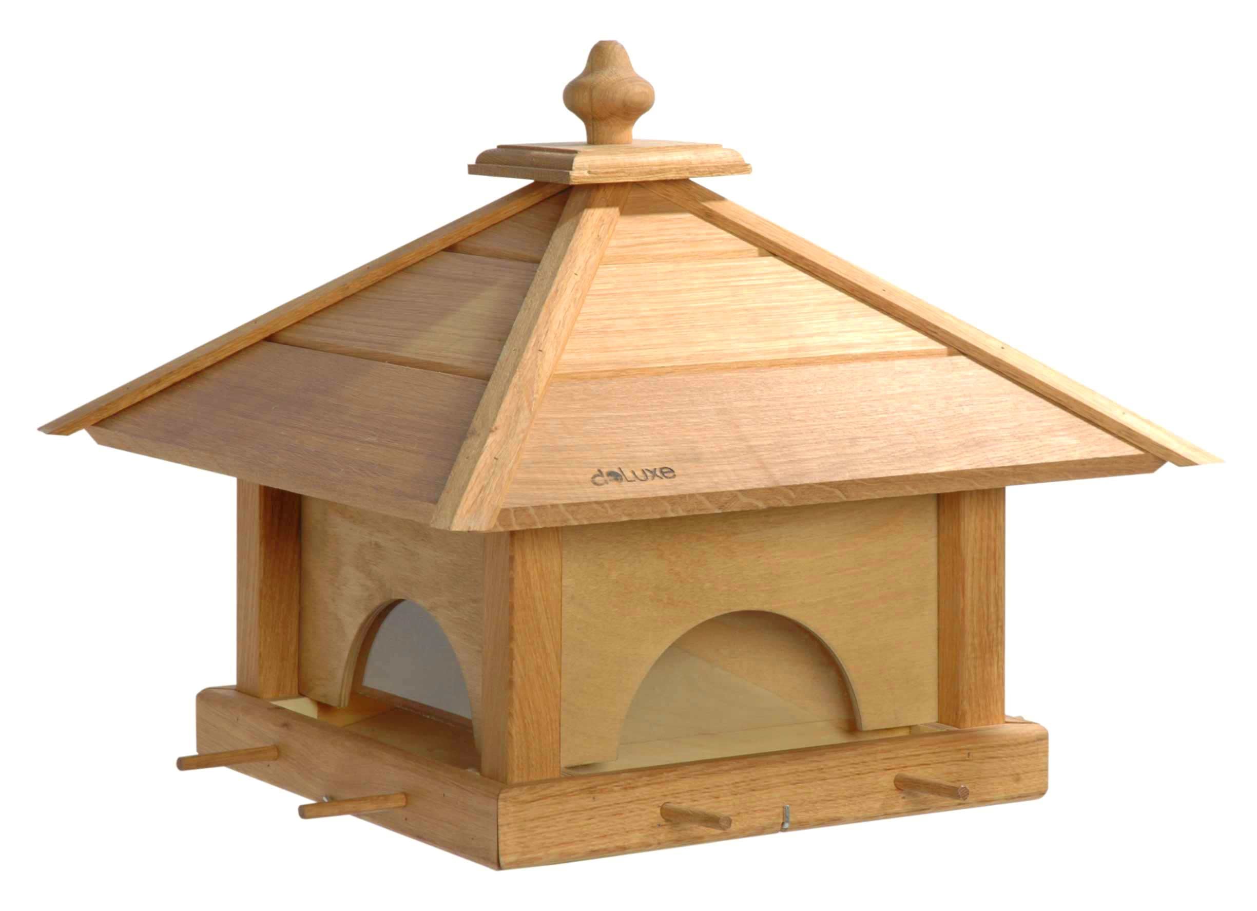 Premium Large Oak Bird Feeder with 4 Drawers, Silo & 8 Landing Rods - 49x49x39cm - Outdoor Garden Decoration for Attracting Wild Birds