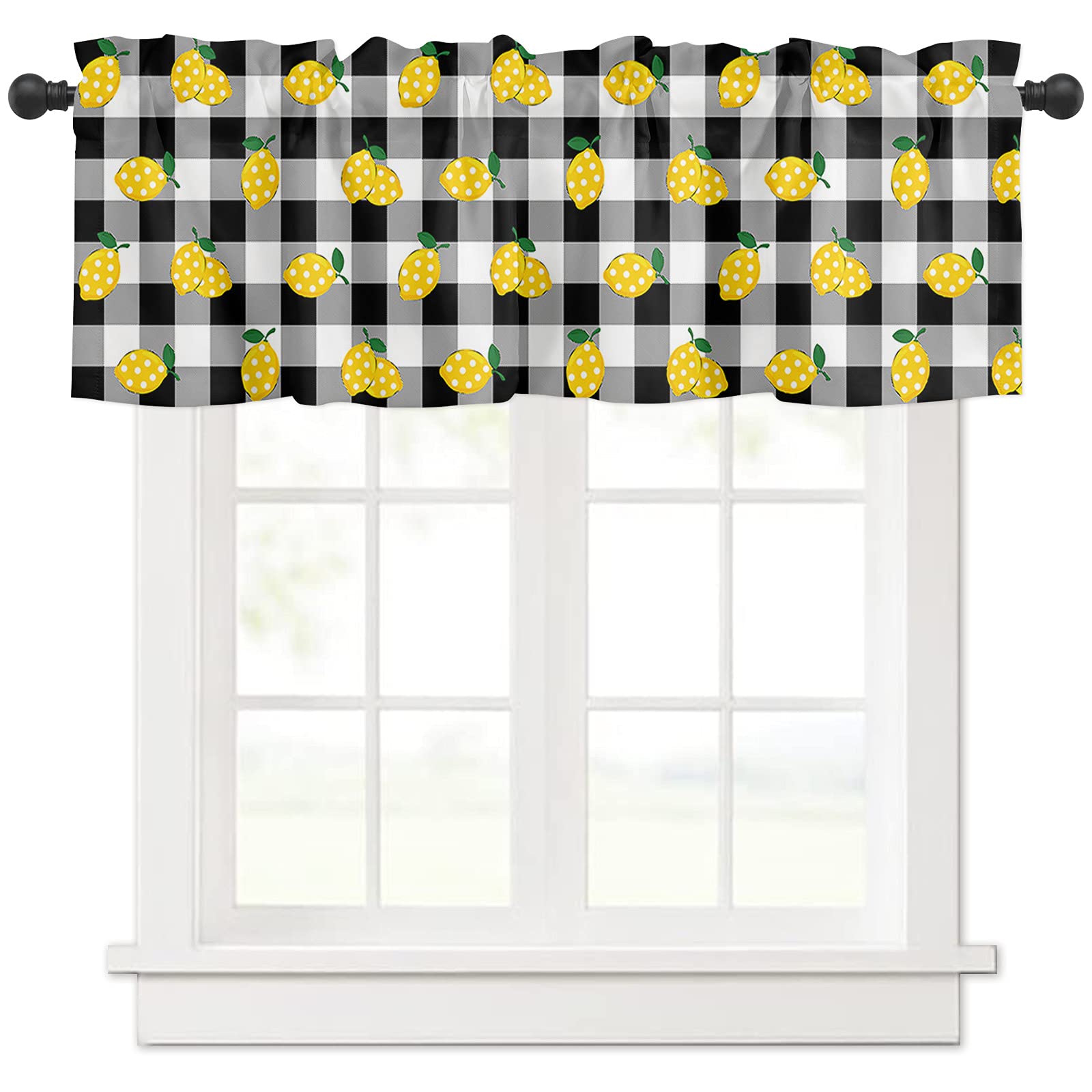 Tropical Lemon Window Valances - 54 x 18 Inch Washable Kitchen Curtains with Rod Pocket, Buffalo Plaid Black White Panel for Bedroom, Living Room & Small Windows | Perfect for Summer Decor & Farmhouse Style