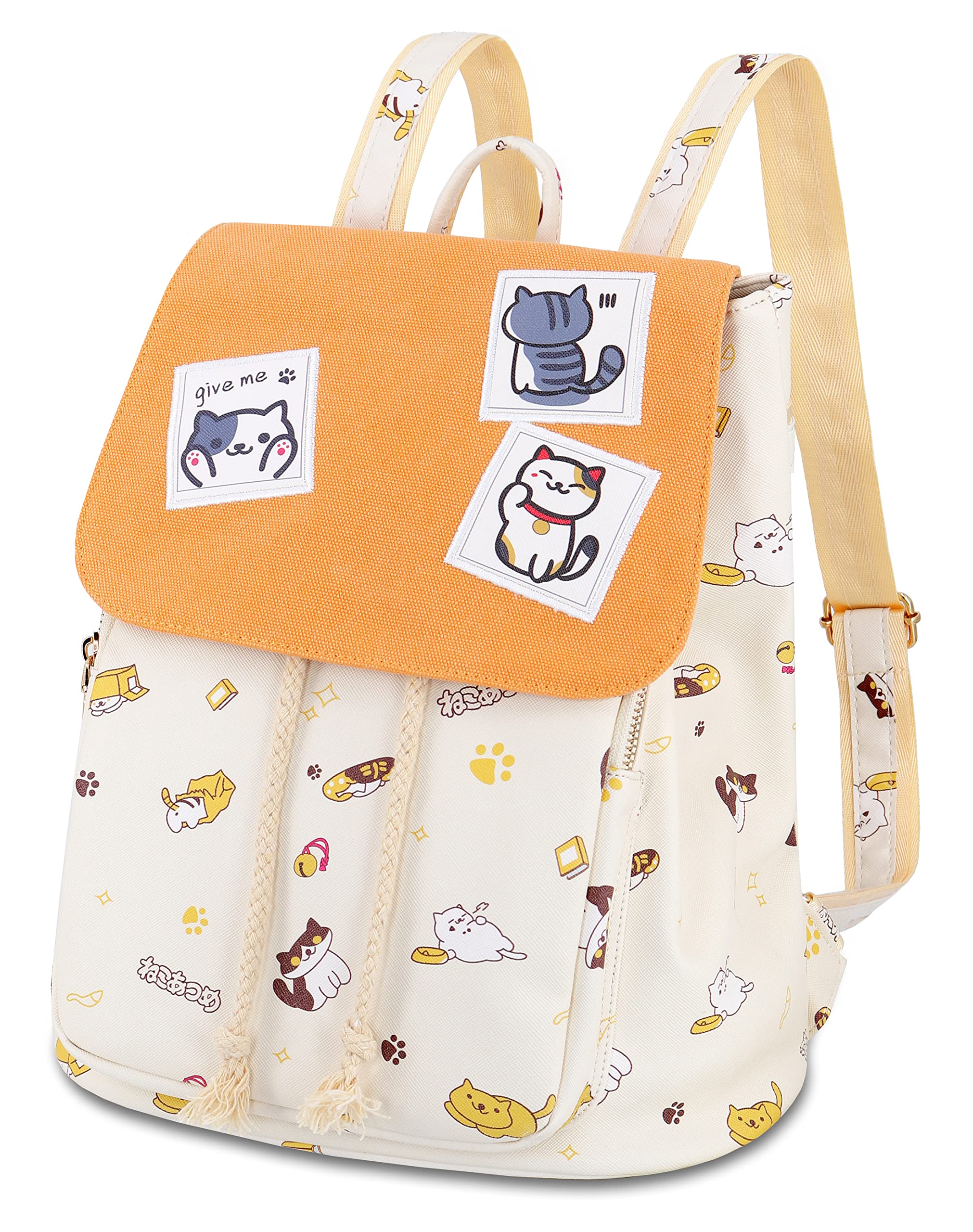 Cute Anime Neko Atsume Cat Backpack for Women - Flap Canvas Drawstring Daypack - Perfect for School, Travel & Cosplay | Roffatide