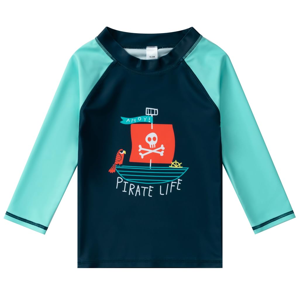 Baby Boys Long Sleeve Rash Guard Swim Shirt & Sun Hat Set - UPF 50+ UV Protection for Toddler Swimming, Beach, Pool and Outdoor Water Activities