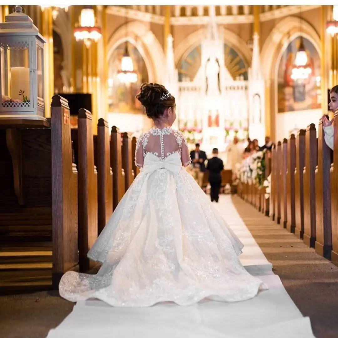 Vintage Flower Girl Dress with Bow - Elegant Ball Gown for Weddings, Parties & Special Occasions