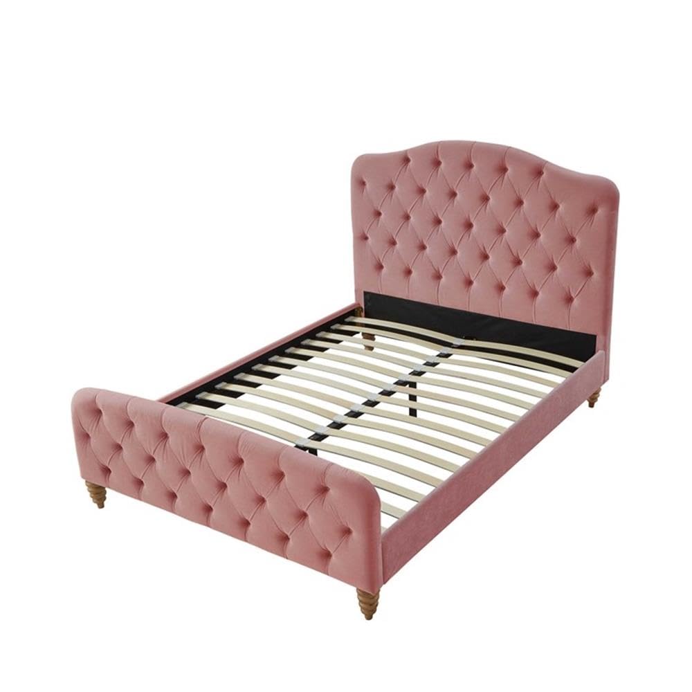 Luxury Blush Velvet Queen Bed Frame with Diamond Tufted Headboard & Footboard - Elegant Bedroom Furniture for Master Suite, Guest Room, or Apartment Decor