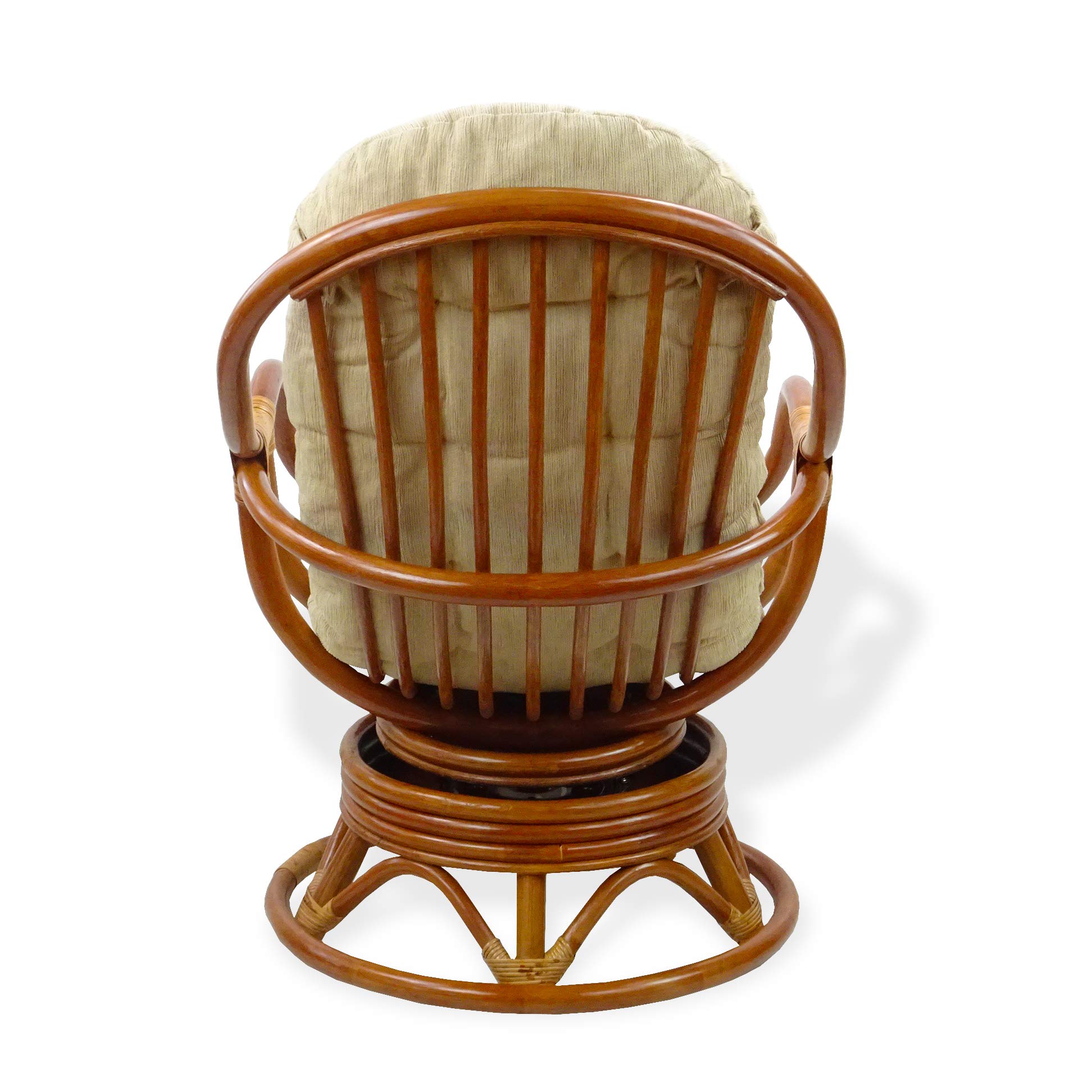 Handmade Natural Rattan Wicker Swivel Rocking Chair with Light Brown Cushion - Bali Lounge Colonial Style for Patio, Porch & Living Room Relaxation
