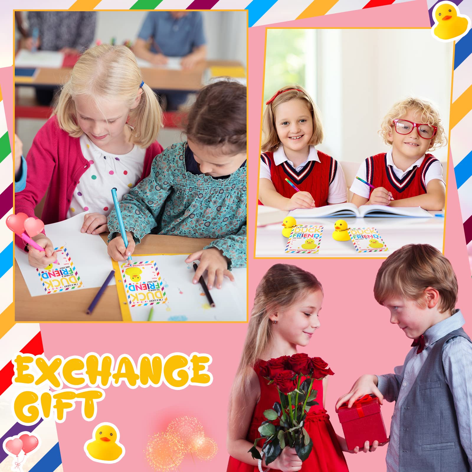 2 Inch 28 Sets Valentine's Day Rubber Duck Gift Set with Greeting Cards - Bulk Mini Rubber Ducks for Kids, Classroom Exchange, Party Favors | Perfect for Valentine's School Activities & Gift Giving