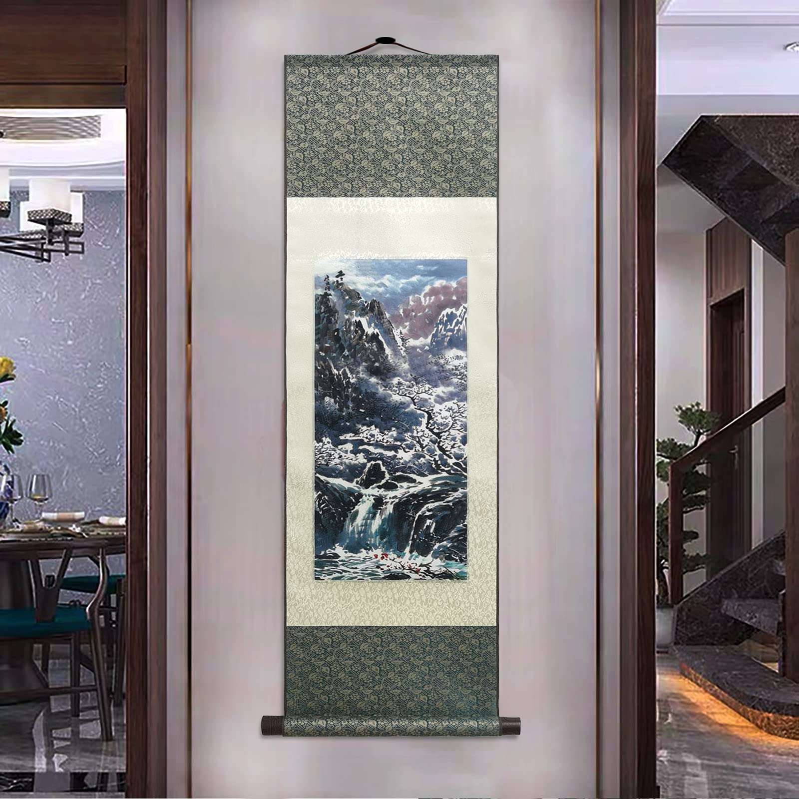 ATFArt Chinese Four Seasons Landscape Silk Scroll Painting - Winter Scene Oriental Wall Art Hanging Decor 36.2x12 Inch | Perfect for Living Room, Bedroom & Office Decoration