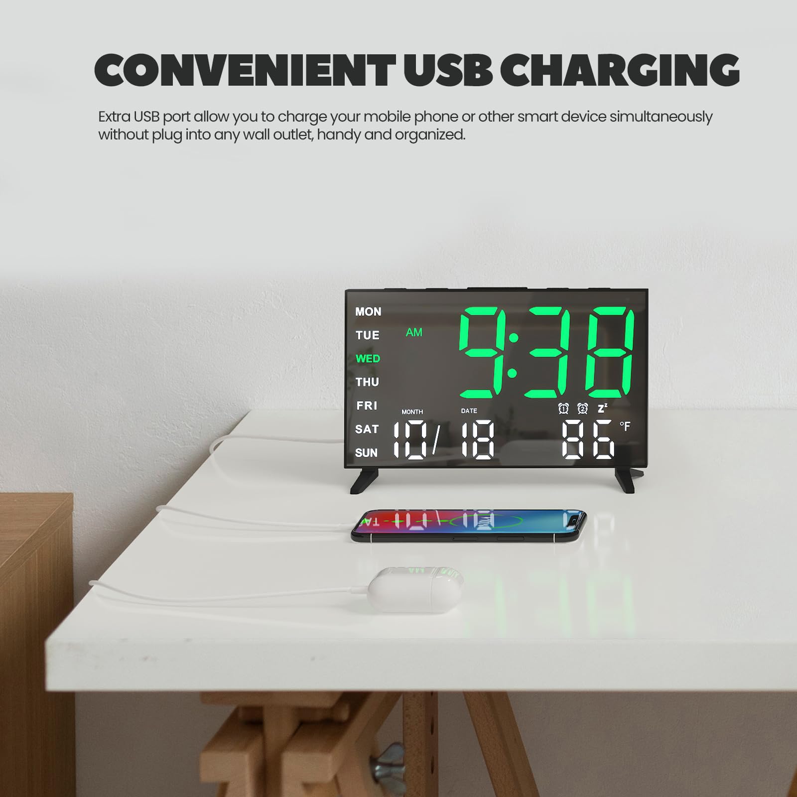 Digital Alarm Clock for Bedrooms - Small LED Mirror Desk Clock with Dual Alarms, Snooze, 4 Brightness Levels & USB Ports | 12/24H Format, Perfect for Kids & Adults (Black) - Ideal for Nightstands, Home Offices & Dorm Rooms