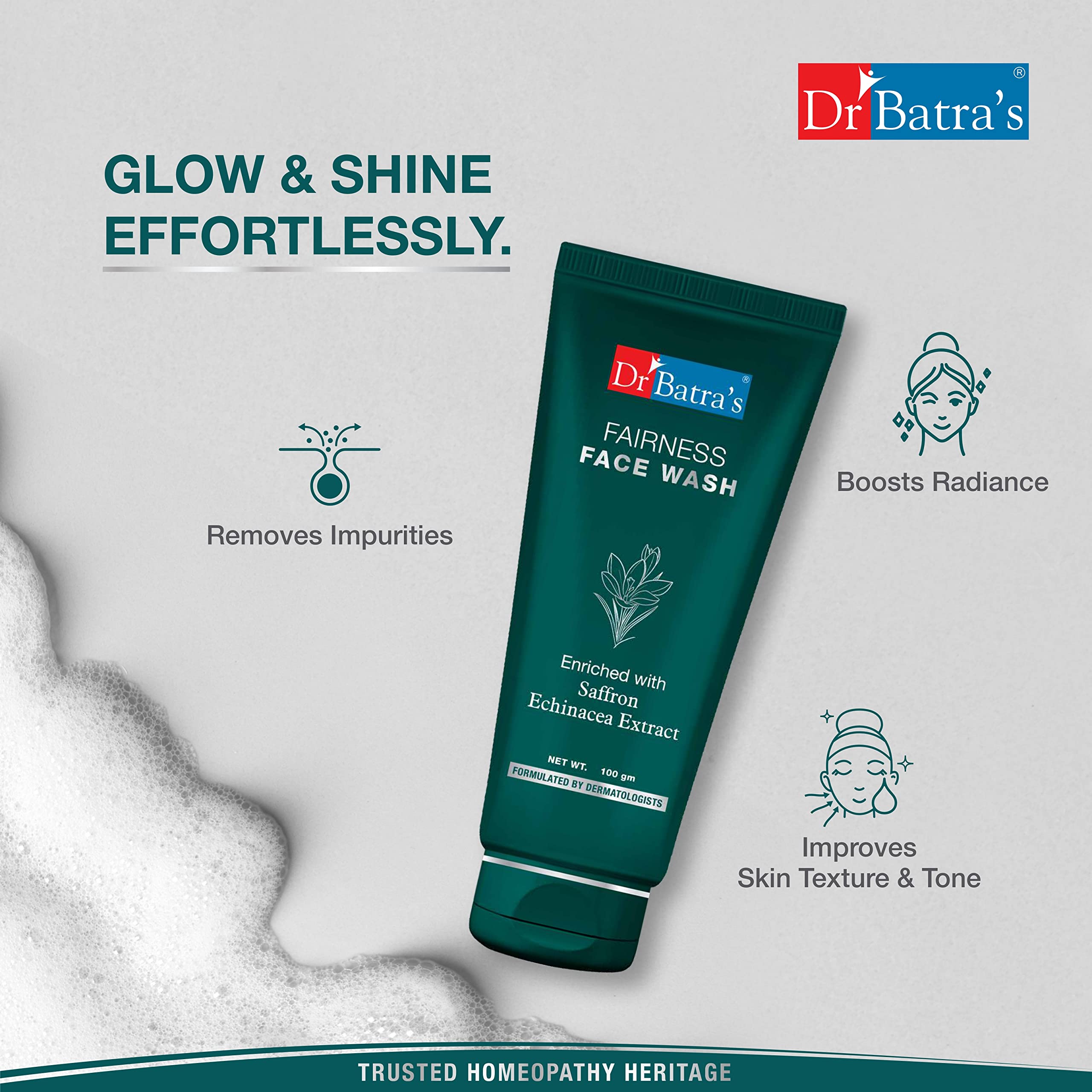 Dr. Batra's Fairness Face Wash with Echinacea & Saffron Extract - Brightening & Rejuvenating Face Wash for Natural Glow, Reduces UV Damage & Promotes Healthy Skin (100g) - Perfect for Daily Skincare Routine & Sun Protection