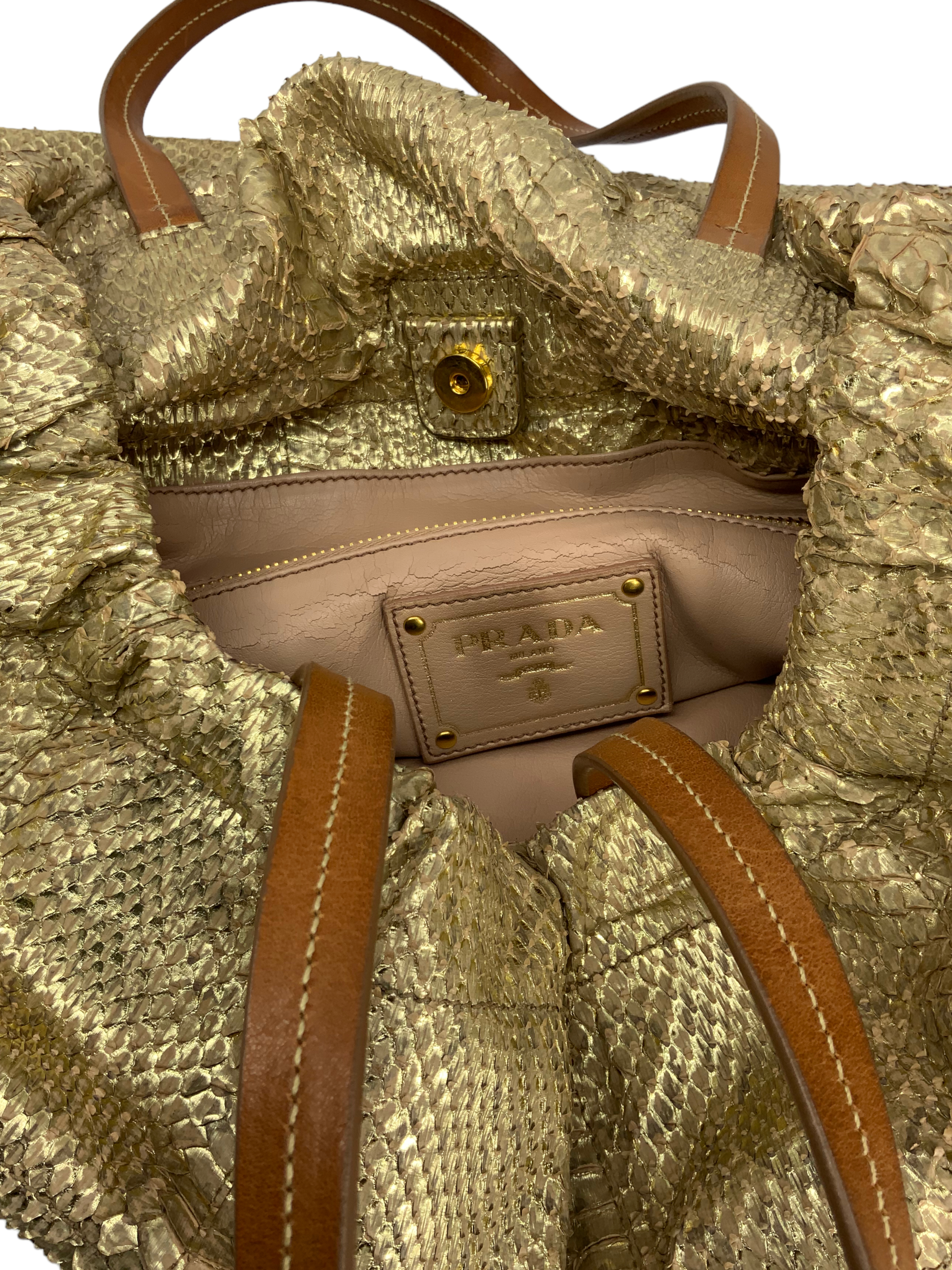 Prada Oro Viper Drawstring Shopping Tote Bag - Luxury Designer Handbag for Women | Perfect for Work, Travel & Everyday Use