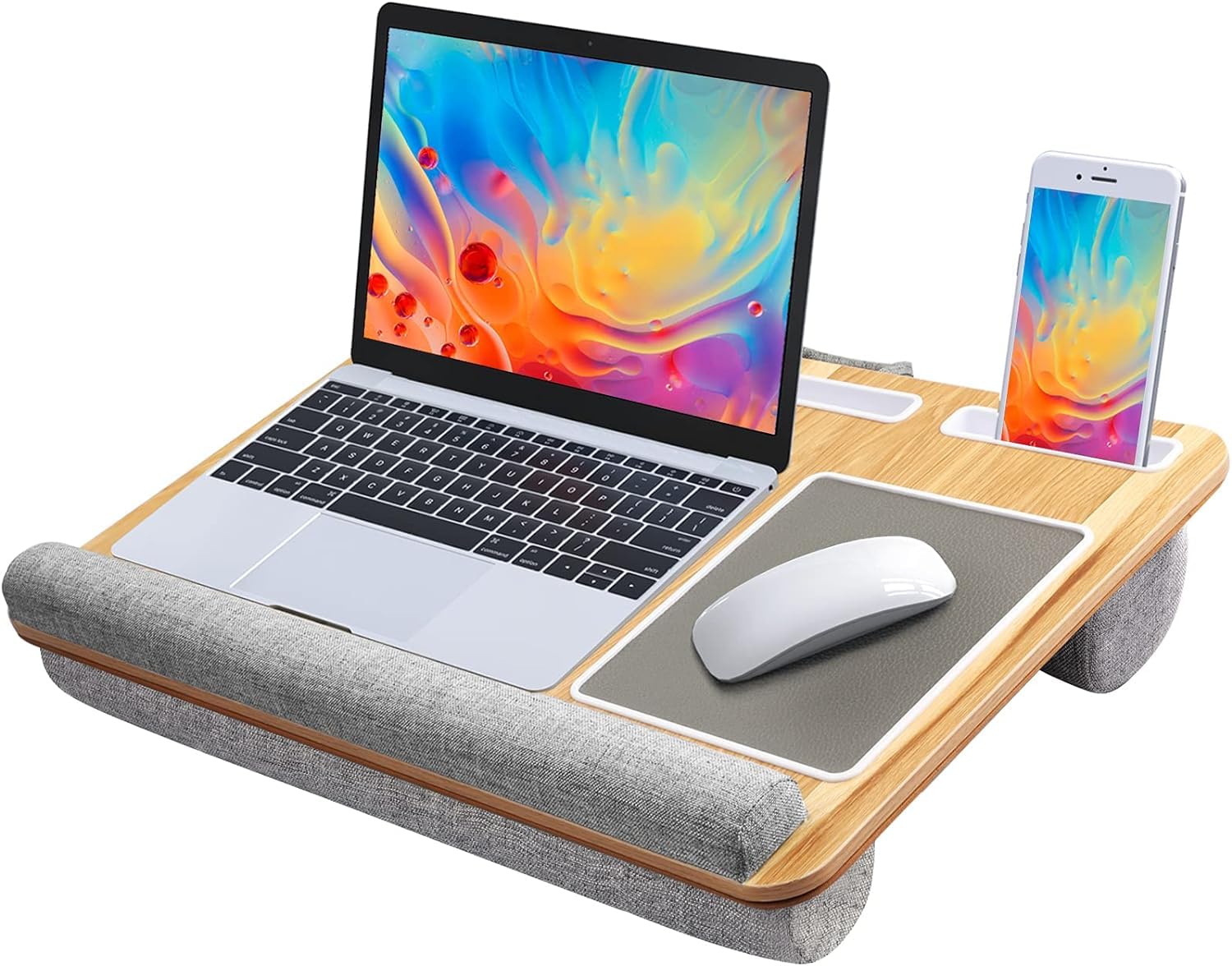 HUANUO Adjustable Lap Desk for Laptop - 17 Inch Portable Laptop Stand with Built-in Mouse Pad, Wrist Rest & Tablet/Phone Holder - Wood Grain Design for Home Office, Bed, Couch & Travel Use