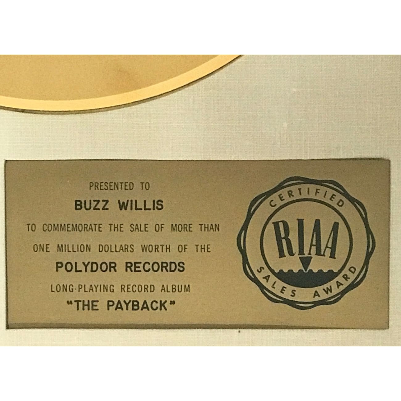 James Brown The Payback White Matte RIAA Gold LP Award - Rare Vinyl Record Collector's Edition for Music Enthusiasts & Home Decor Display
