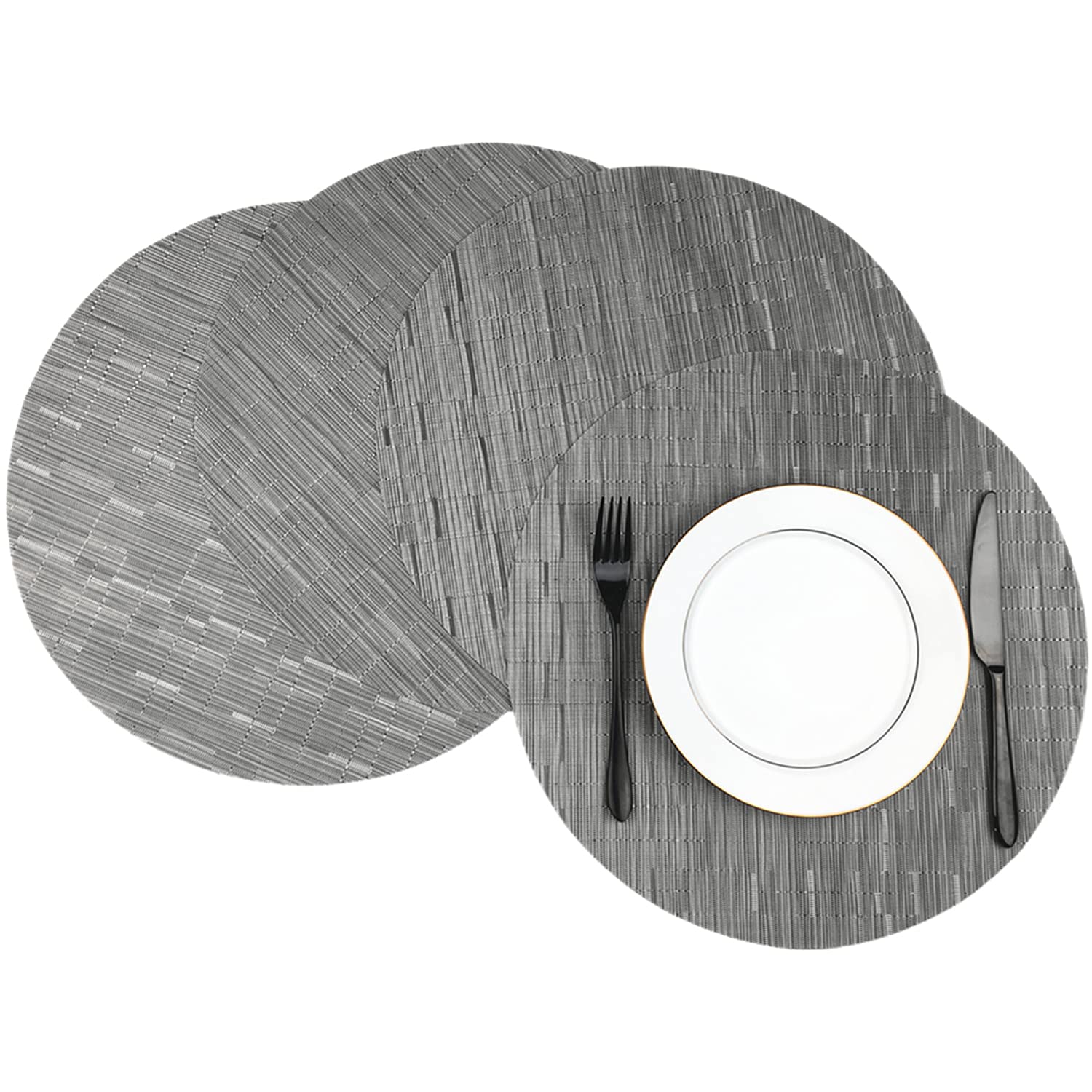 WAZAIGUR 15 Inch Round Placemats Set of 4 - Woven Vinyl Table Mats for Kitchen & Dining, Heat Resistant & Easy to Clean (Silver Grey) - Perfect for Everyday Meals, Dinner Parties, and Holiday Gatherings