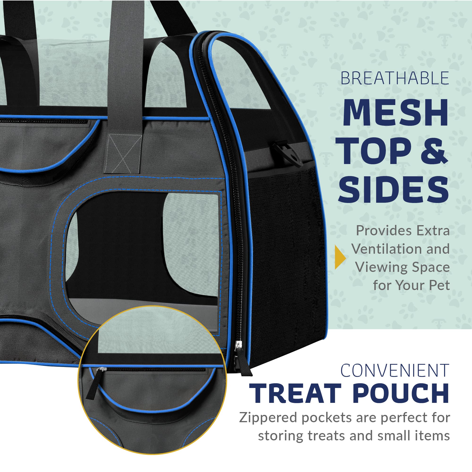 Katziela Airline Approved Pet Carrier for Small Dogs & Cats - TSA & FAA Compliant Soft-Sided Travel Carrier - Perfect for Airplane, Car, and Outdoor Adventures (Black/Blue)