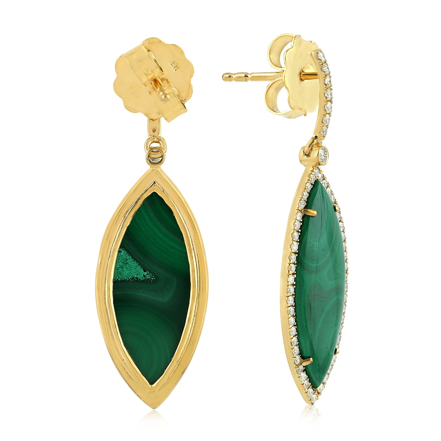Elegant Marquise Malachite Gemstone Pave Diamond Dangler Earrings in 14K Yellow Gold for Women - Perfect for Weddings, Parties & Special Occasions