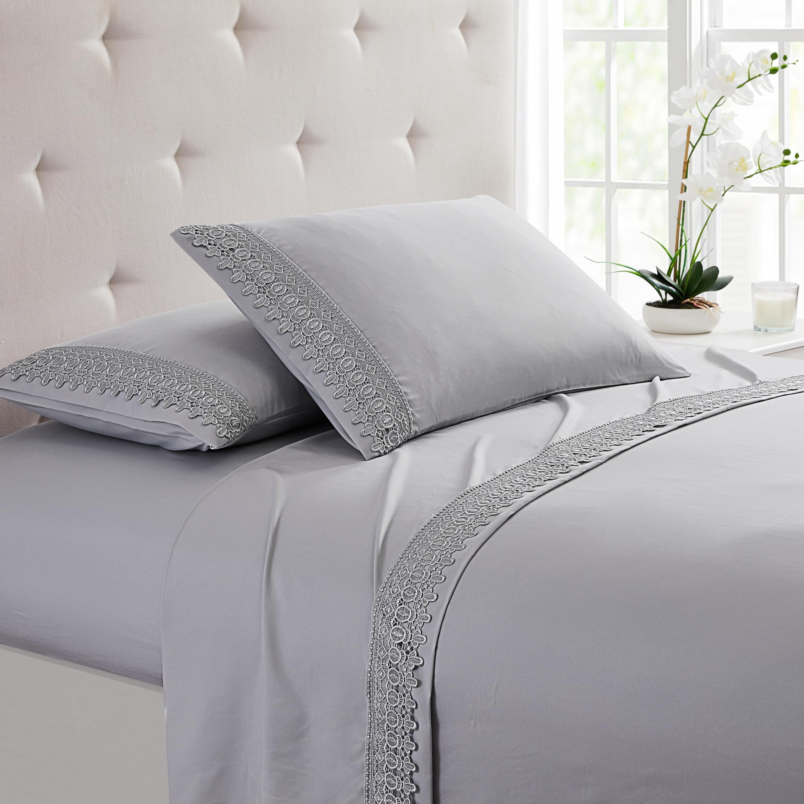 Premium King Size Sheet Set - Ultra Soft Lace Microfiber Bedding by Spirit Linen (Est. 1988) | Lightweight, Breathable & Wrinkle-Resistant | All-Season Comfort in Elegant Grey | Perfect for Master Bedrooms, Guest Rooms & Luxury Hotels