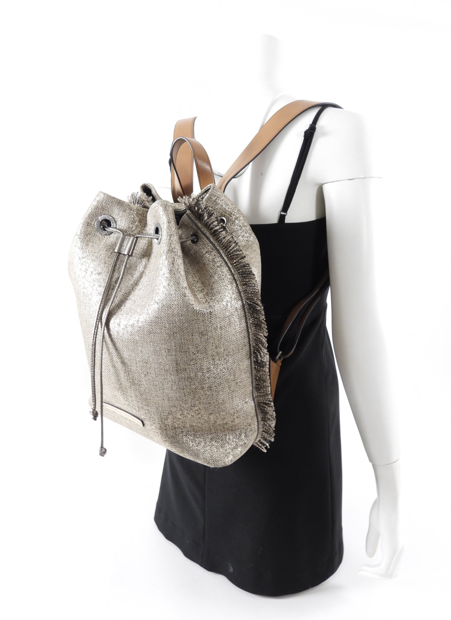Brunello Cucinelli Gold Metallic Canvas Fringe Backpack for Women - Luxury Designer Handbag for Travel, Work & Everyday Use