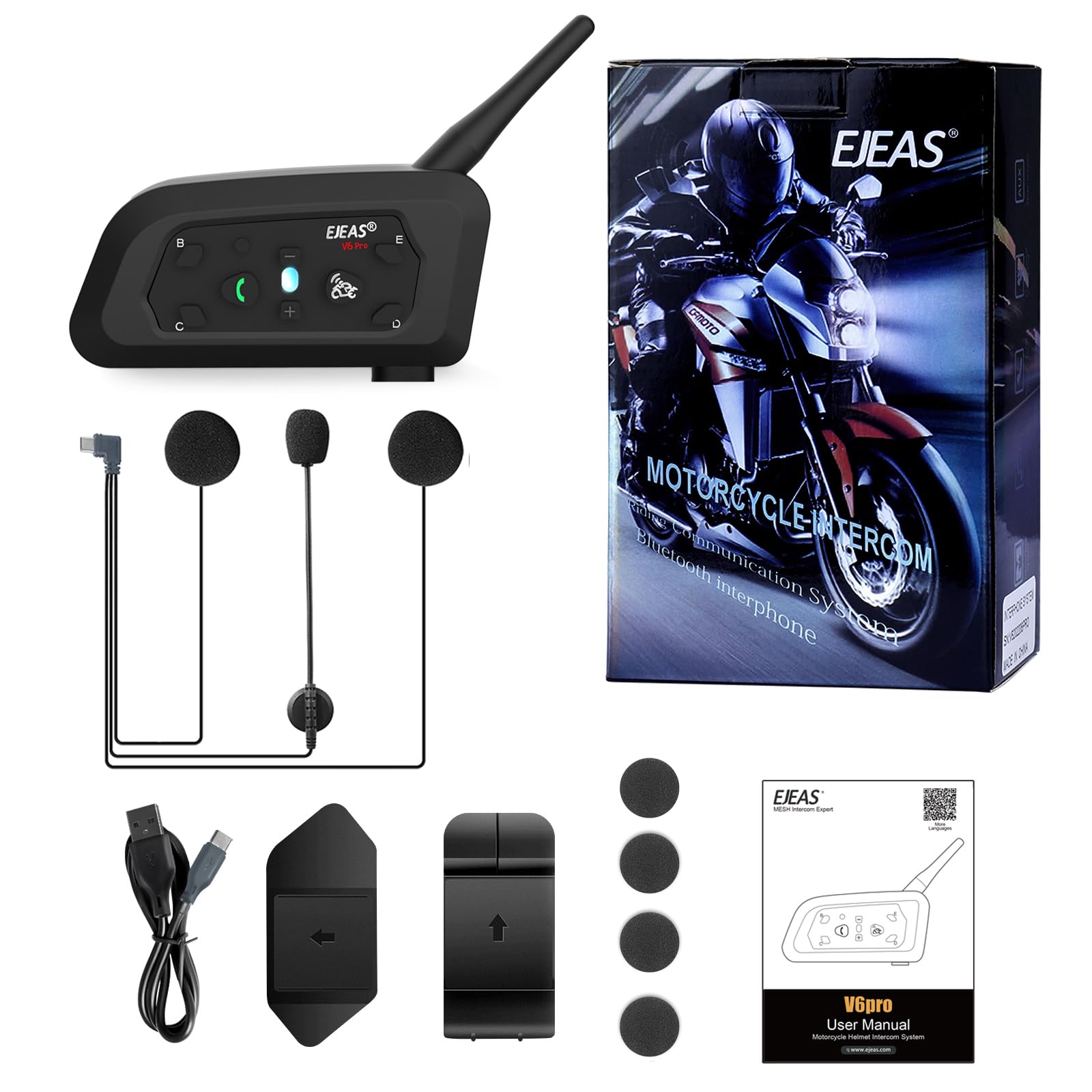 EJEAS V6 Pro Motorcycle Bluetooth Helmet Intercom - 2-Way 1200M Communication System with Noise Cancellation & Waterproof for Dirt Bike, ATV, Snowmobile - Perfect for Group Riding, Adventure Tours & Off-Road Racing (1PC)