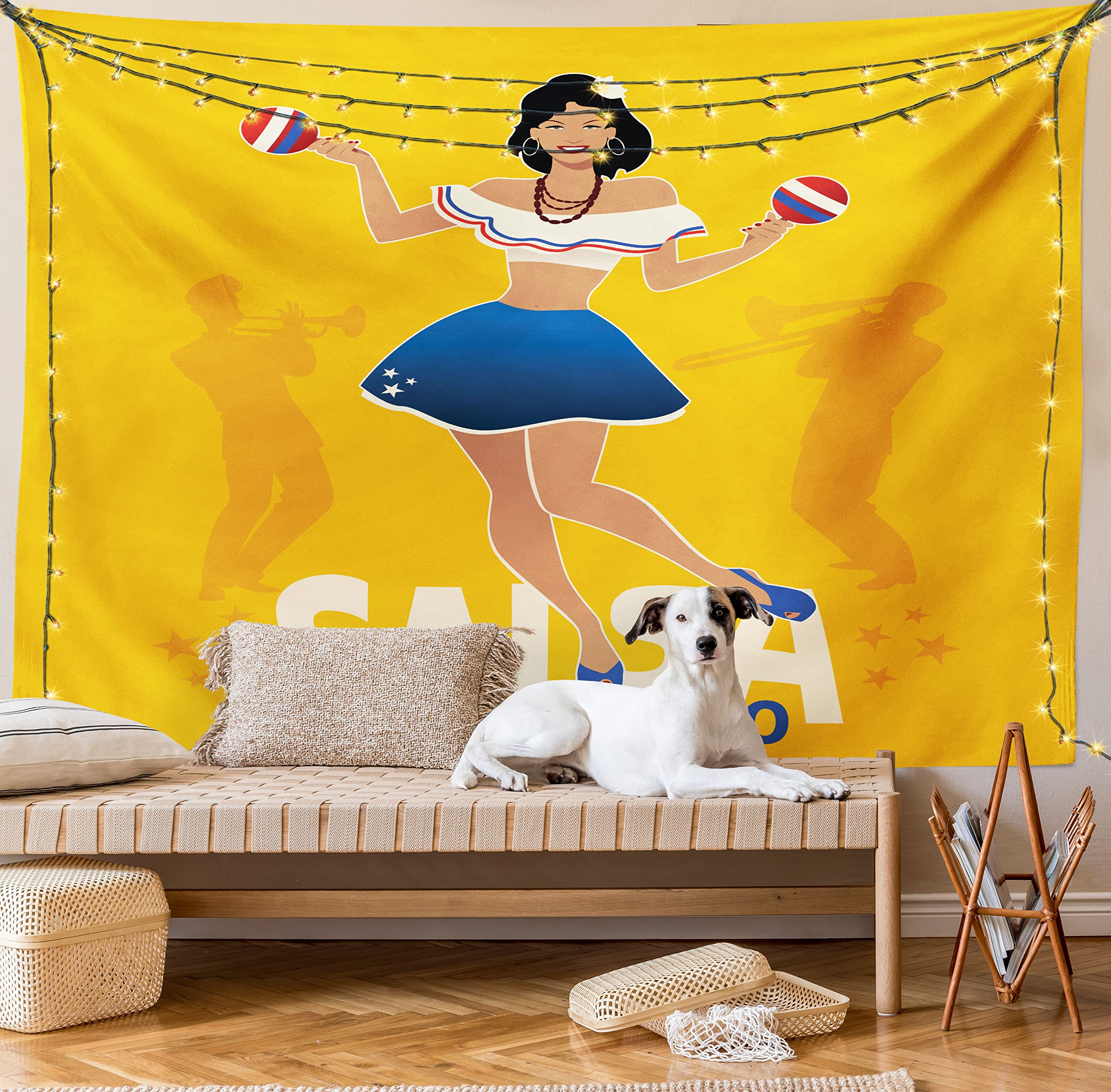 Lunarable Puerto Rico Tapestry - Vibrant Salsa Dancing Girl with Maracas, Trombonist & Trumpeter Silhouette Wall Art - 80x60 Inch Large Wall Hanging for Bedroom, Living Room, Dorm Decor - Perfect for Latin Music Lovers & Tropical Theme Parties