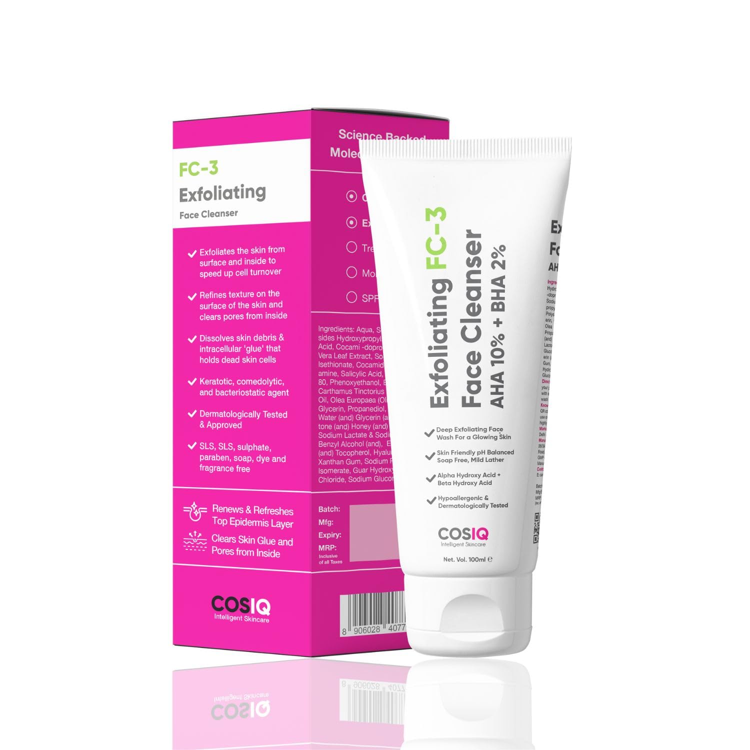 Cos-IQ Exfoliating Face Wash for Oily & Dry Skin | 2% Salicylic Acid BHA & 10% Glycolic Acid AHA | Sulfate-Free Anti-Acne Cleanser for Acne, Pimples, Skin Brightening & Oil Control | 100ml | Gentle Daily Exfoliation for Clear, Glowing Skin