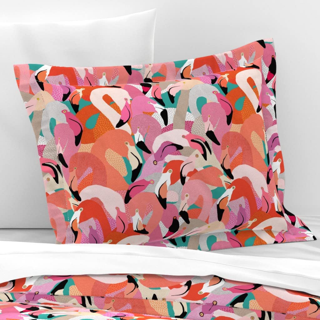 Premium Spoonflower Cotton Sateen Flanged Edge Sham - Orange Pink Flamingo Feathers Tropical Florida Coastal Design for Beach House Decor | Standard Size Bedding | Perfect for Coastal, Bohemian & Tropical Home Styling