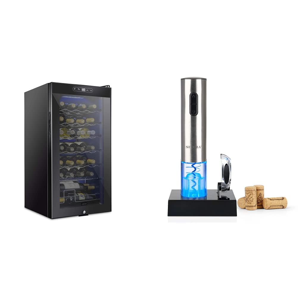 Schmecke 28 Bottle Compressor Wine Cooler Refrigerator & Secura Electric Wine Opener Set - Stainless Steel Rechargeable Automatic Corkscrew for Home Bar, Kitchen, and Party Use