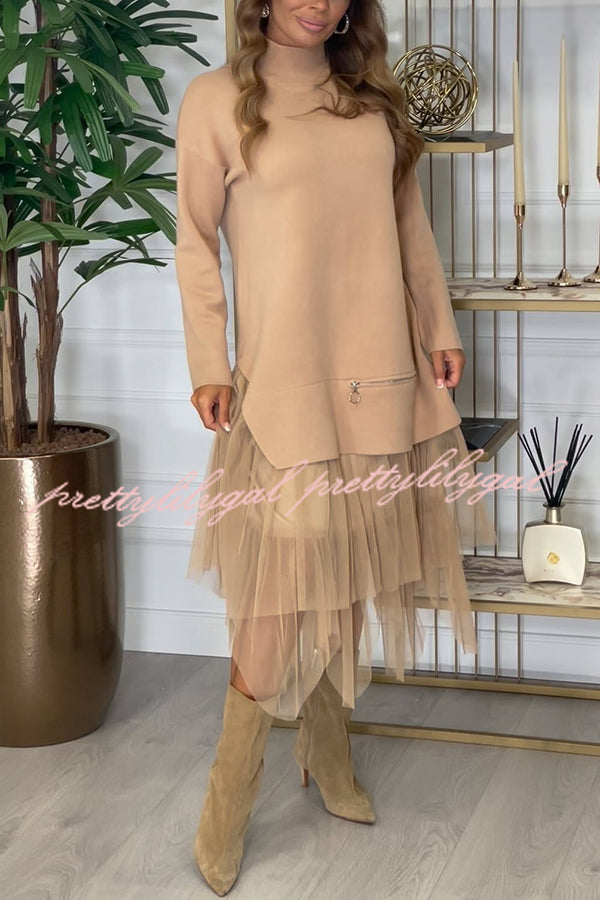 Taylor Knit Turtleneck Zip-Up Top & Elastic Waist Tulle Loose Midi Skirt Set - Women's Casual Winter Outfit for Office, Date Night & Holiday Parties