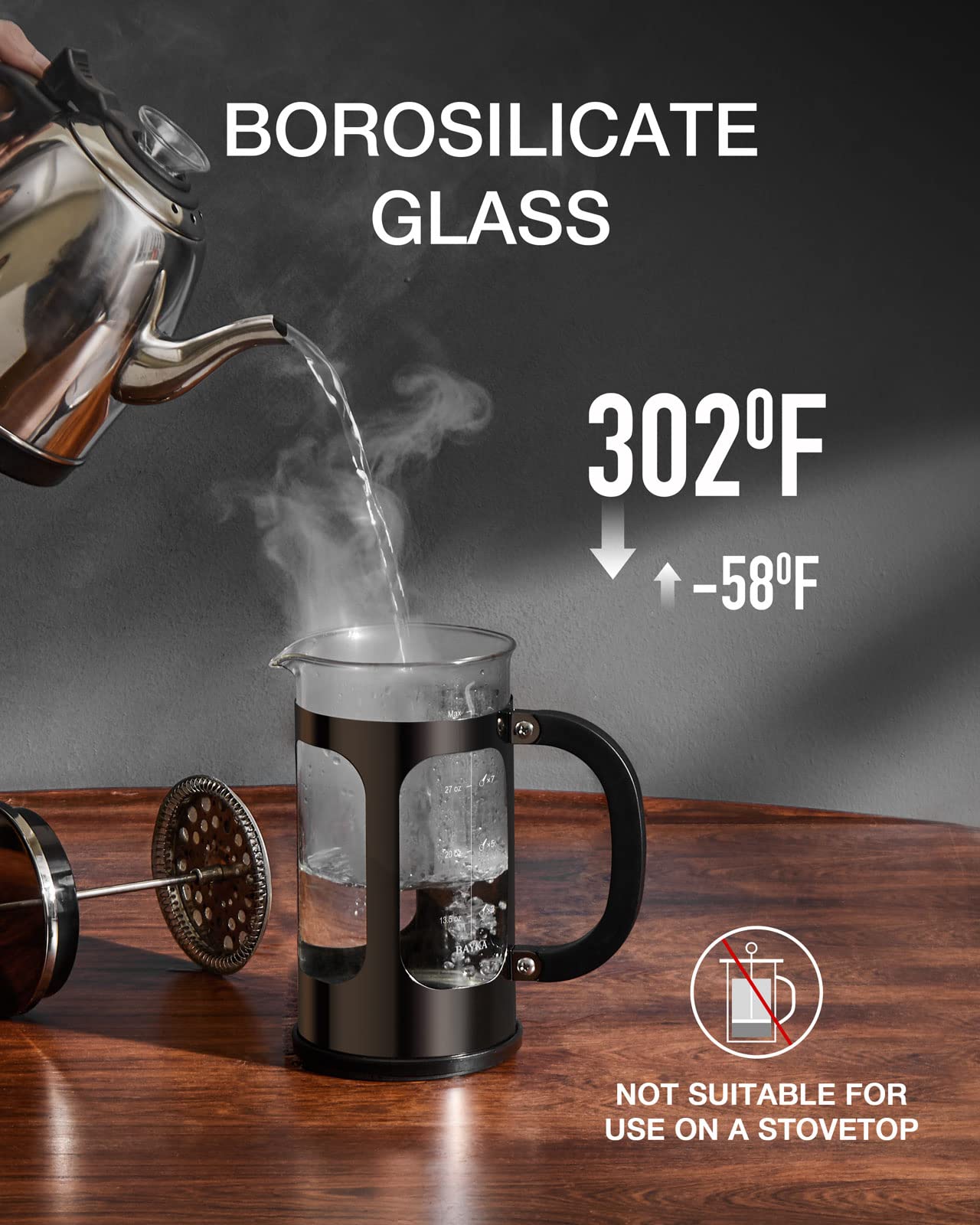 BAYKA 34oz French Press Coffee Maker - 1 Liter Borosilicate Glass & Stainless Steel Coffee Brewer - Large Cold Brew Tea Maker for Home, Office, Travel & Camping - Perfect Coffee Bar Accessory (Dark Pewter)