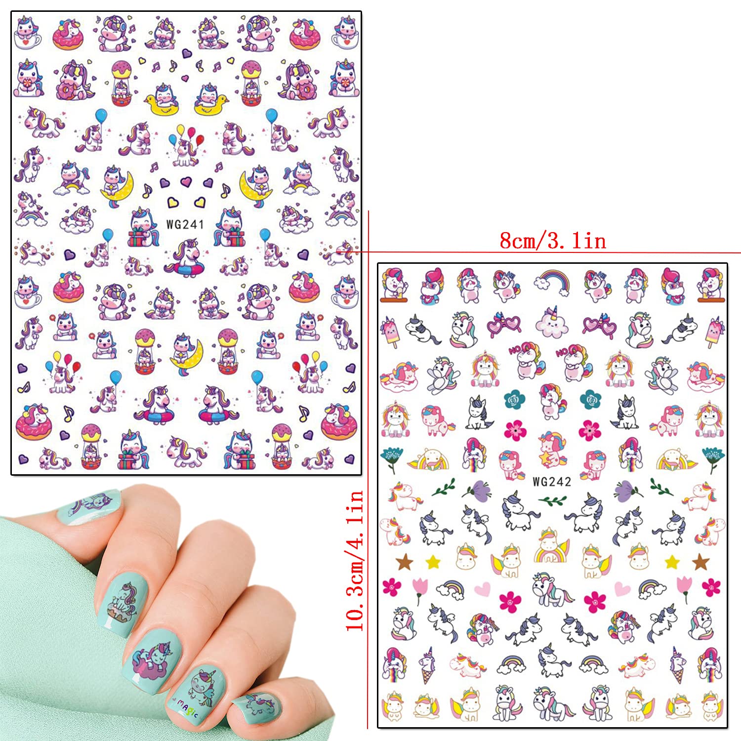 8 Sheets Cute Unicorn Nail Art Stickers - 3D Rainbow Heart Moon Star Cartoon Nail Decals for Women & Girls - DIY Manicure Tips & Charms - Perfect for Parties, Gifts & Nail Salon Decorations
