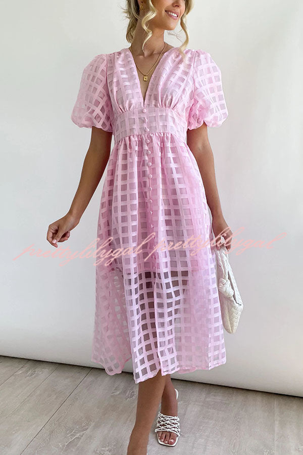 Elegant Square Pattern Puff Sleeve Midi Dress for Women - Perfect for Summer Weddings, Garden Parties & Date Nights