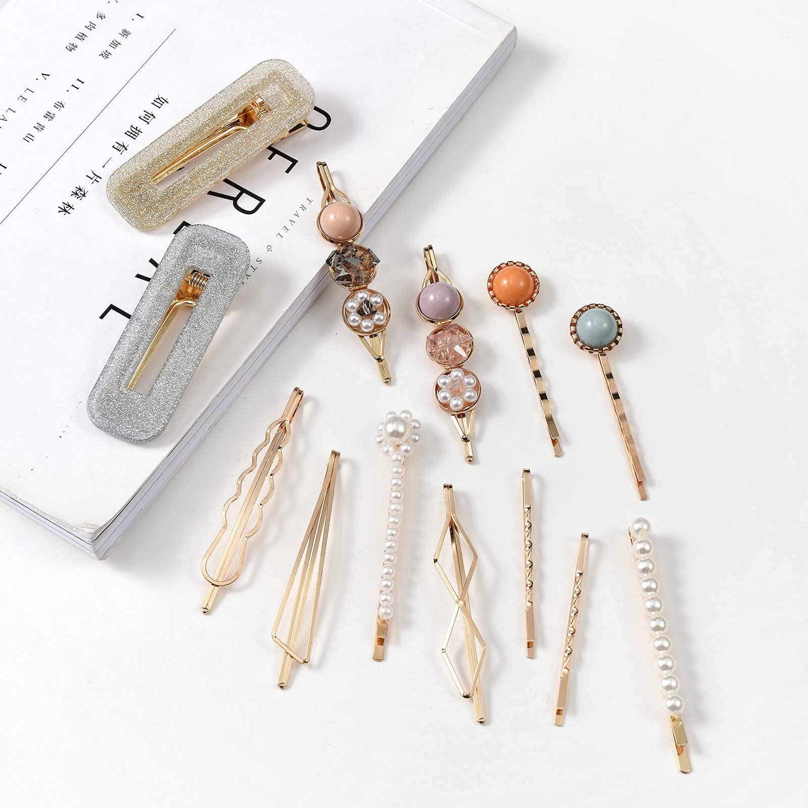 Mehayi 20 PCS Handmade Macaron Pearls & Acrylic Resin Hair Clips - Cute Hair Barrettes, Bobby Pins with Glitter Crystal Geometric Design, Elegant Gold Hair Accessories for Women & Girls (Perfect for Weddings, Parties & Daily Styling)
