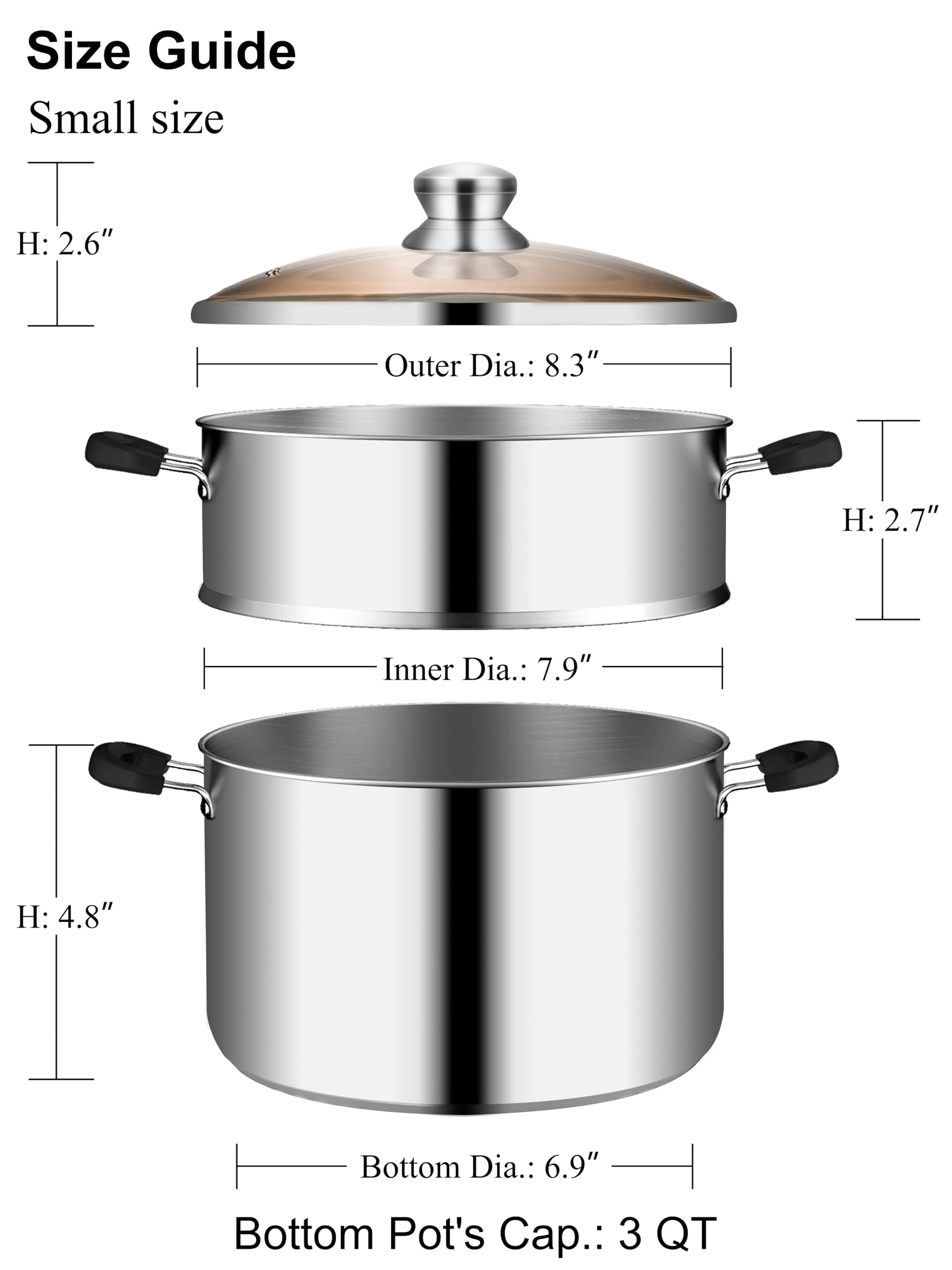 VENTION 7.9 Inch Stainless Steel Vegetable Steamer - 3 QT Induction Compatible Steam Pot for Healthy Cooking | Perfect for Steaming Vegetables, Dumplings & Seafood at Home