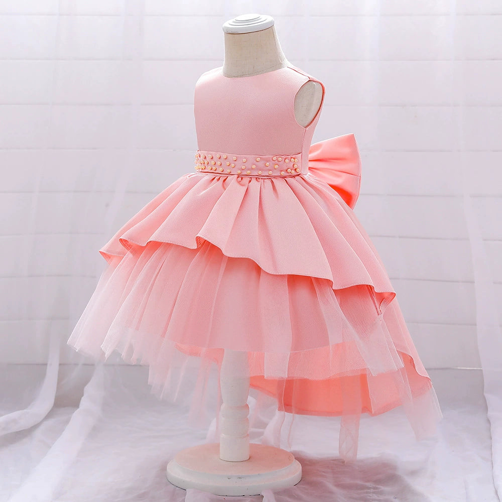 Pink Princess Round Tea Length Satin Flower Girl Dress for Weddings, Birthday Parties & Special Occasions