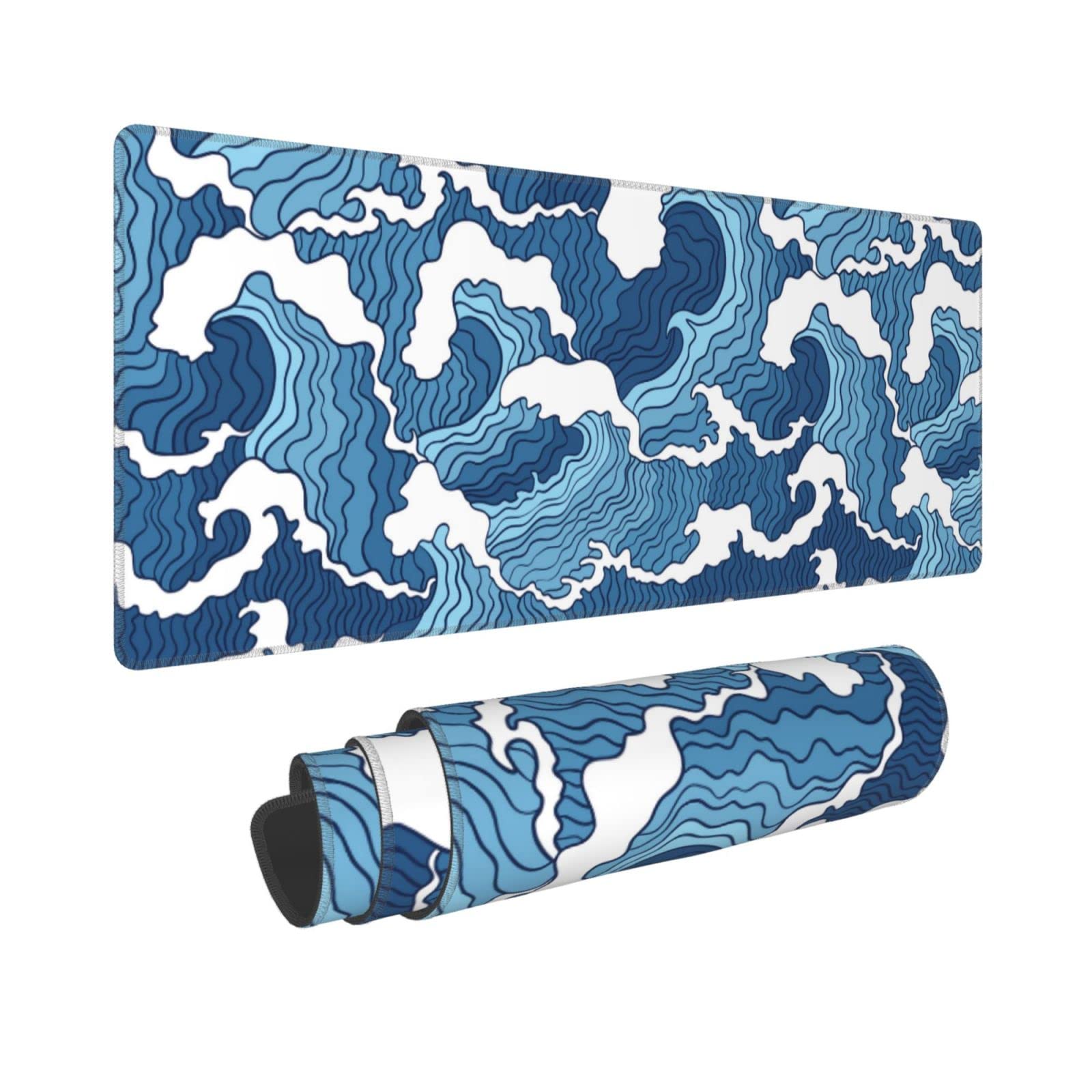 Premium Japanese Blue & White Wave Gaming Mouse Pad XL - Non-Slip Rubber Base, Stitched Edges - 31.5