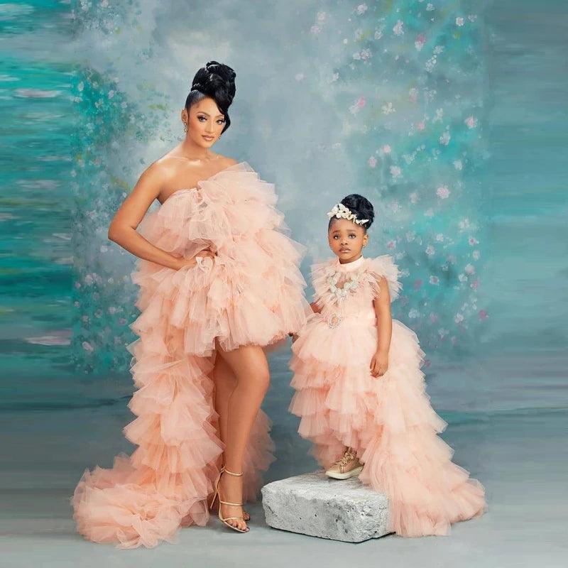 Puffy Hi-Low Tulle Dresses for Mother and Daughter - Matching Outfits for Family Photoshoots, Birthday Parties & Special Occasions