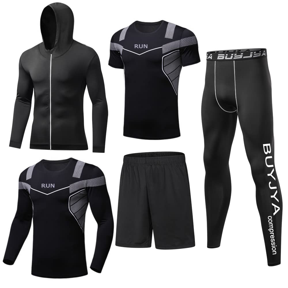 BUYJYA 5-Pack Men's Compression Workout Set - Long Sleeve Shirt & Pants for Gym, Running, Training - Moisture Wicking Athletic Clothing for Men - Perfect for Fitness, Sports & Outdoor Activities