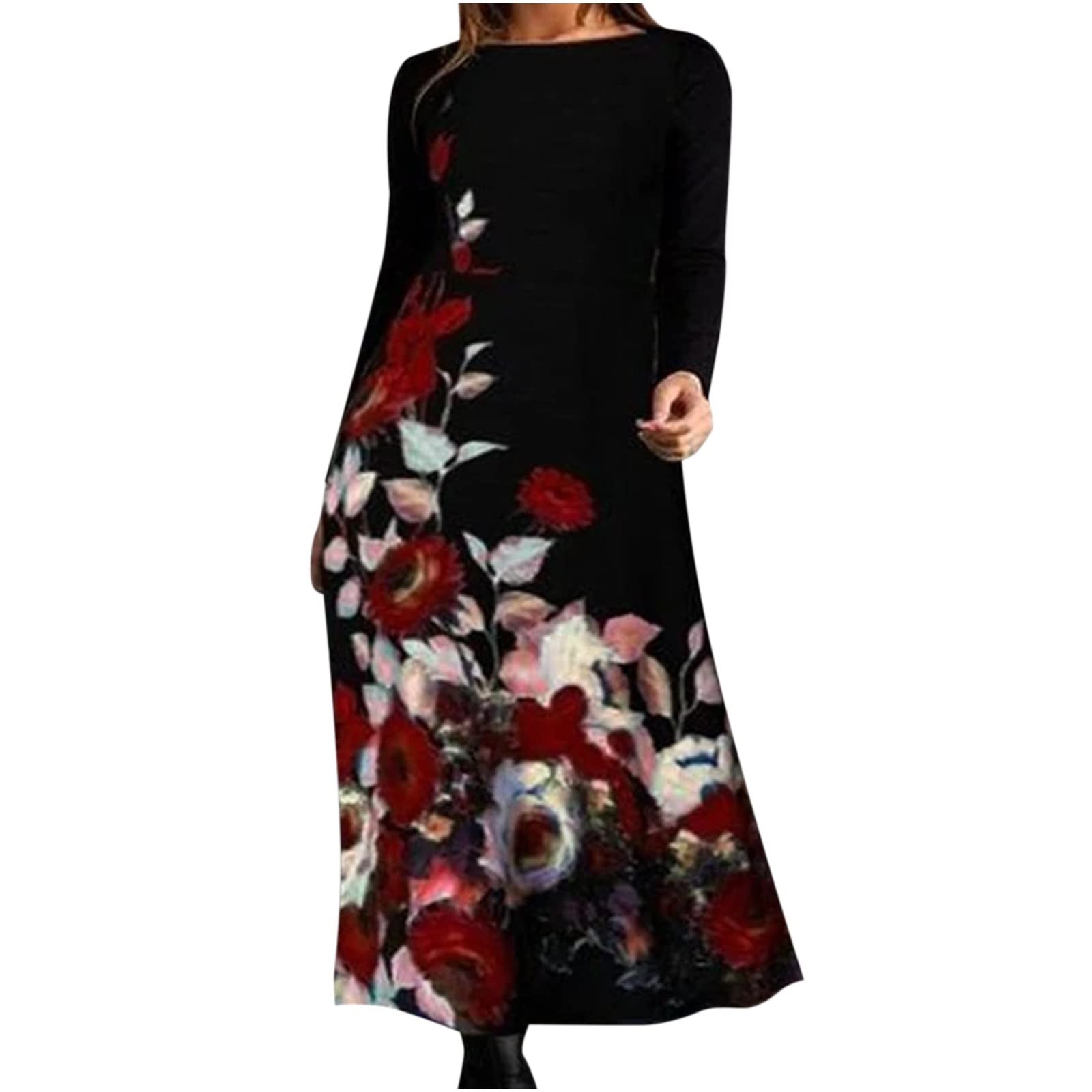 YRAETENM Women's Plus Size Long Sleeve Maxi Dress - Trendy Floral Print Casual Round Neck Loose Flowy Dress for Vacation, Beach, Party & Everyday Wear