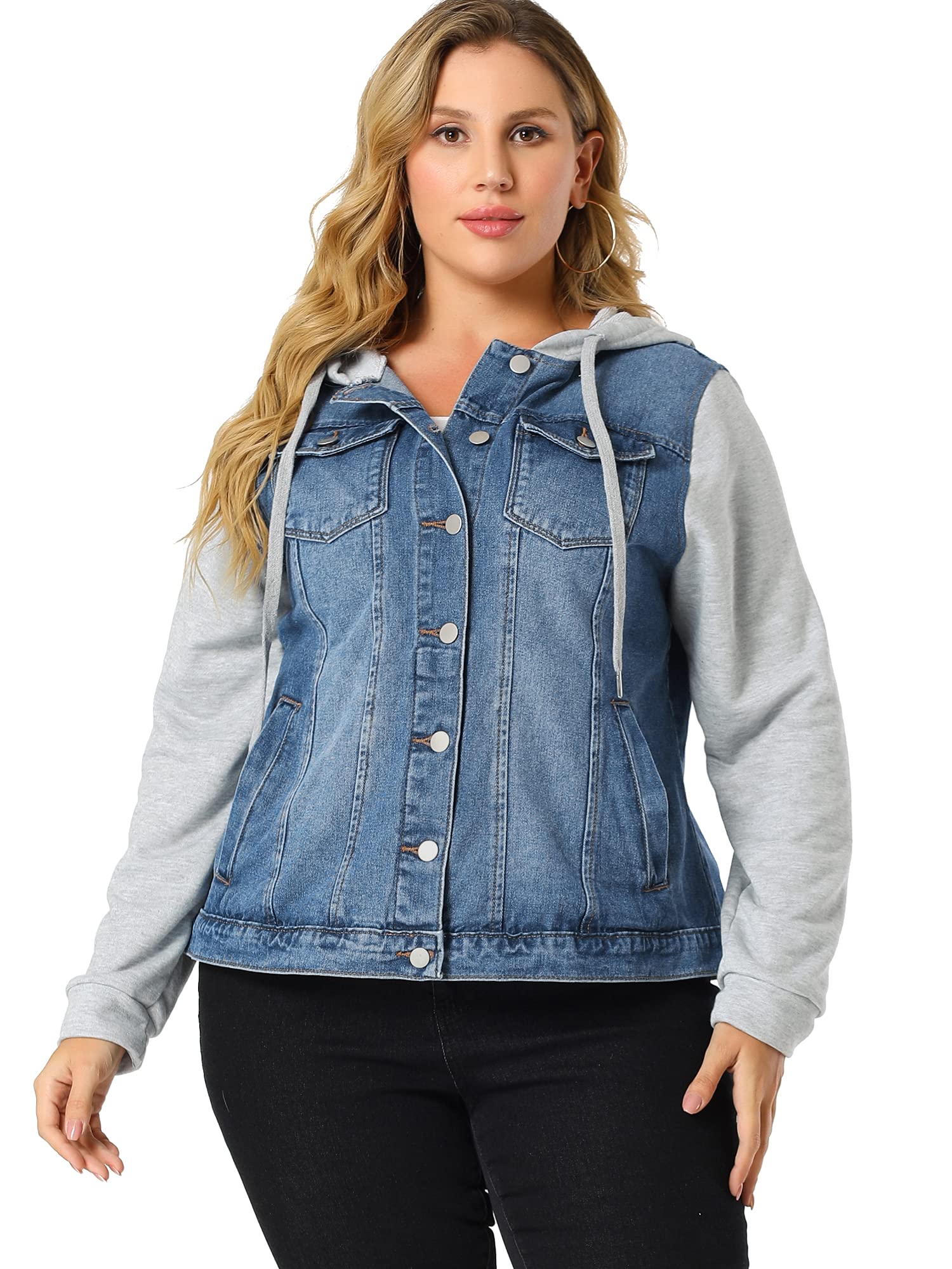 Agnes Orinda Women's Plus Size Denim Jacket - Layered Drawstring Hoodie with Pockets | Casual Outerwear for Street Style & Everyday Wear