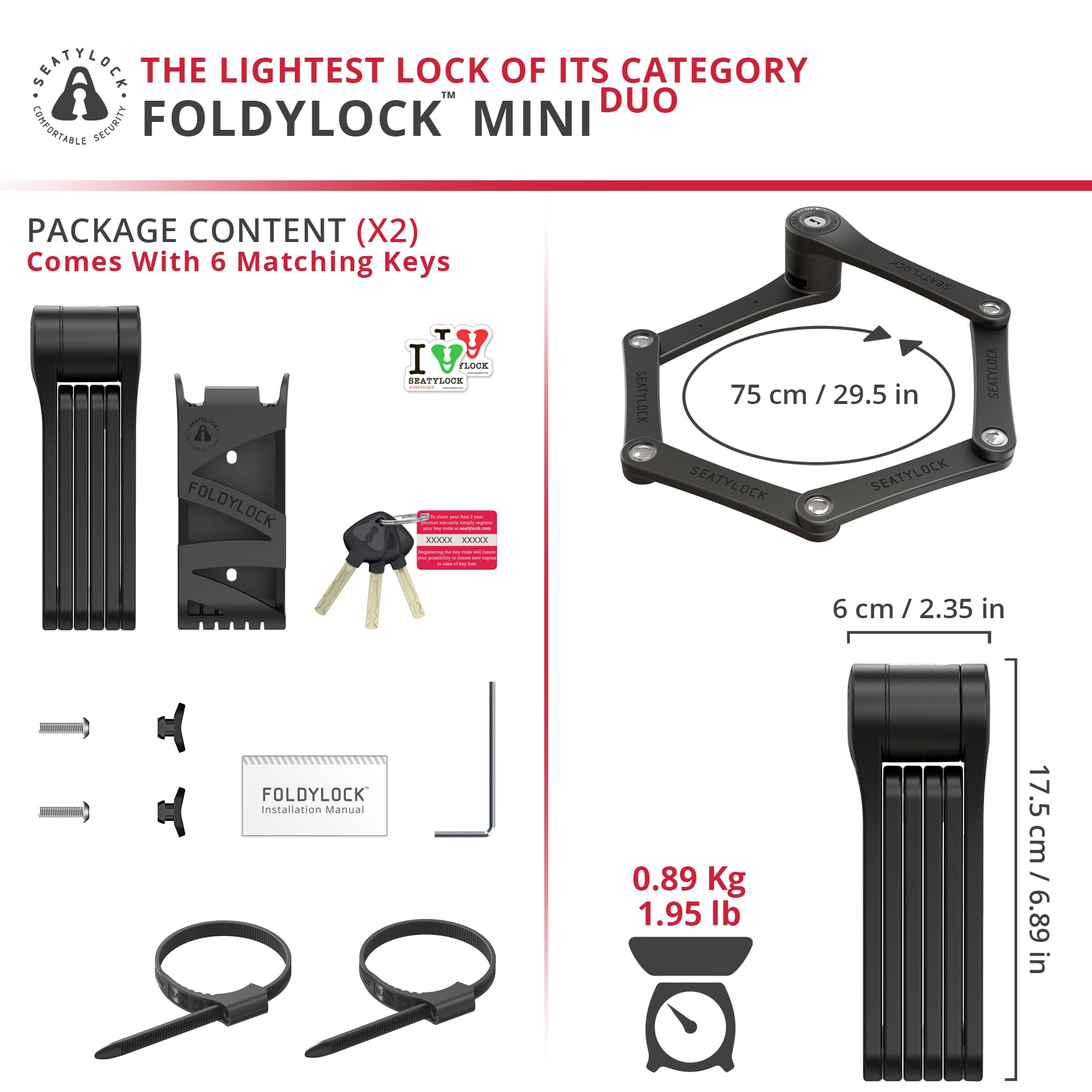 Seatylock FoldyLock Mini Folding Bike Lock - Lightweight & Heavy Duty Anti-Theft Bicycle Lock with Key - Secure Electric Scooters, City Bikes & Commuter Bikes - Perfect for Urban Cycling, Campus Safety & Public Transit Rides