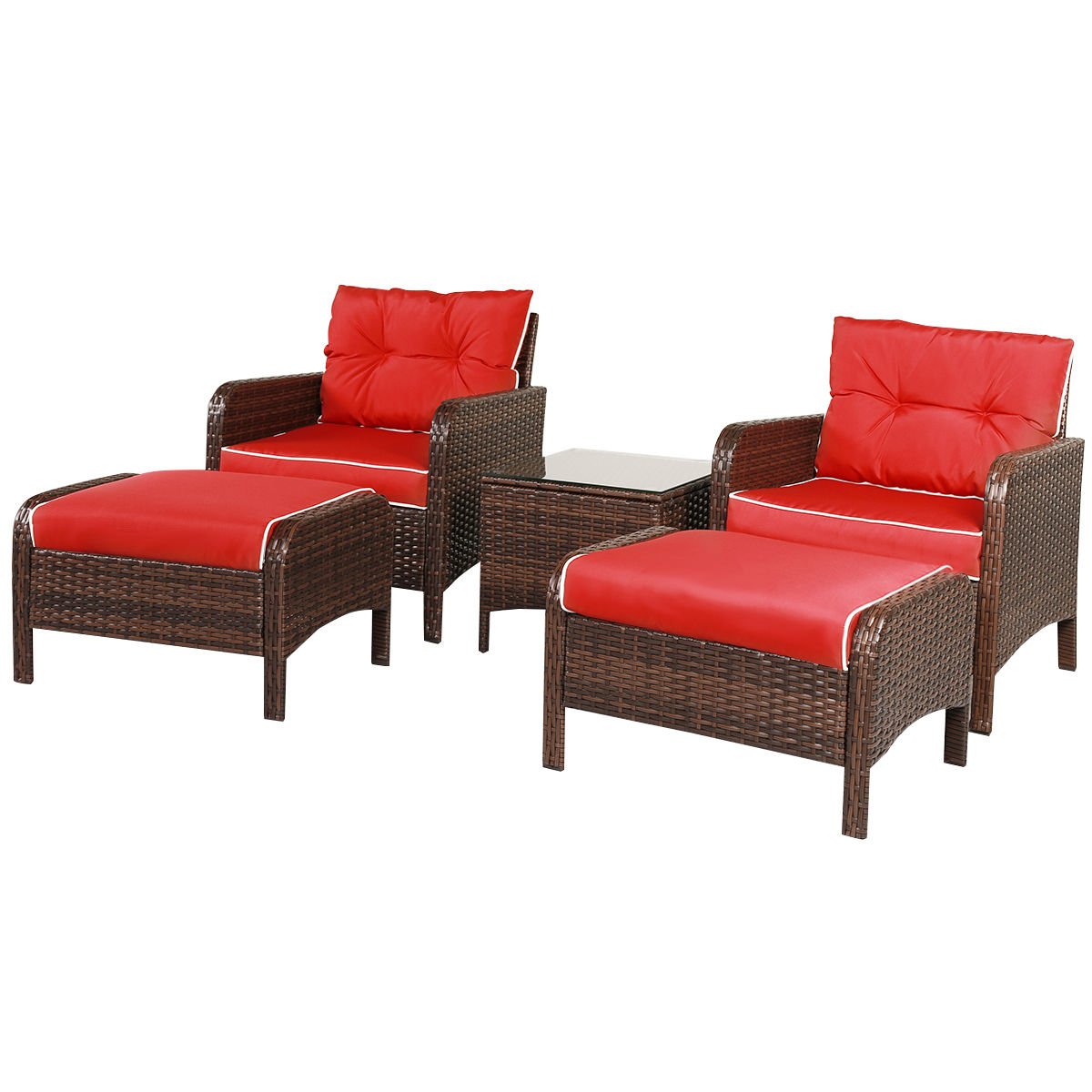 Oldzon 5-Piece Patio Rattan Wicker Furniture Set with Red Cushions - Outdoor Garden Sofa & Ottoman for Backyard, Porch or Poolside - Includes Free Ebook Guide