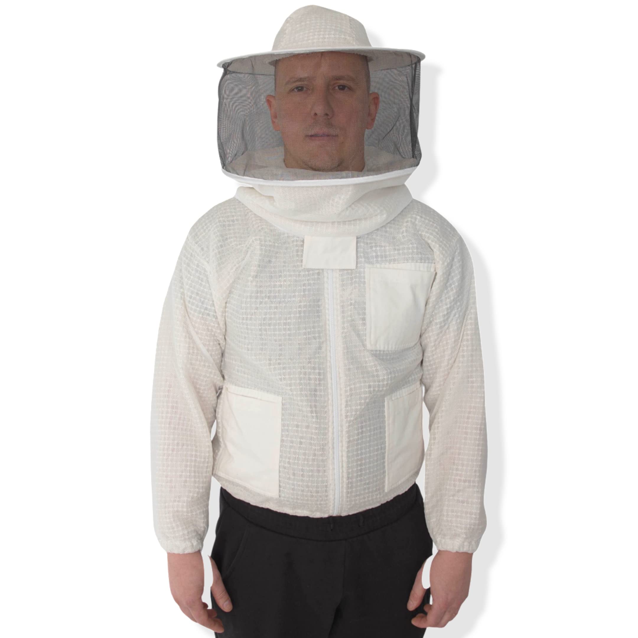 3-Layer Mesh Ventilated Beekeeping Jacket with Round Hood - Ultra Breathable Beekeeper Suit for Hot Weather Beekeeping & Honey Harvesting (Size L)